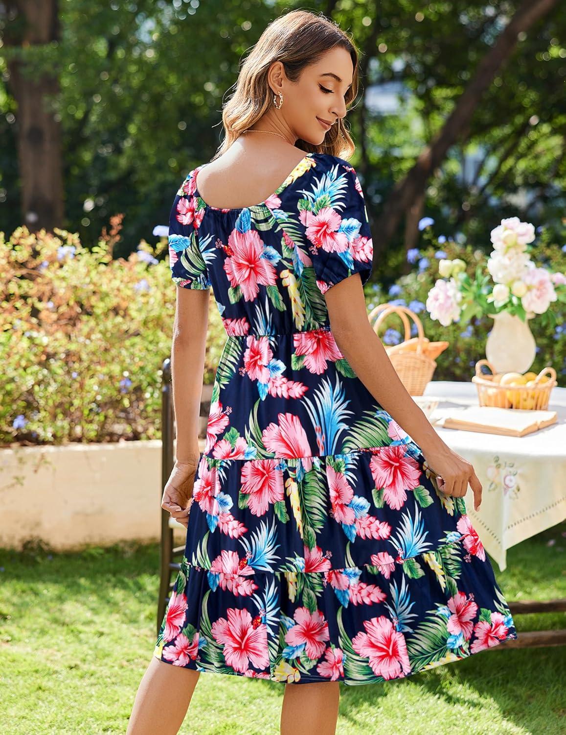 imageZeagoo Womens Summer Dress Casual Puff Sleeve Square Neck Midi Dresses Tiered Beach Vacation ALine Sundress with PocketsPink Green Floral