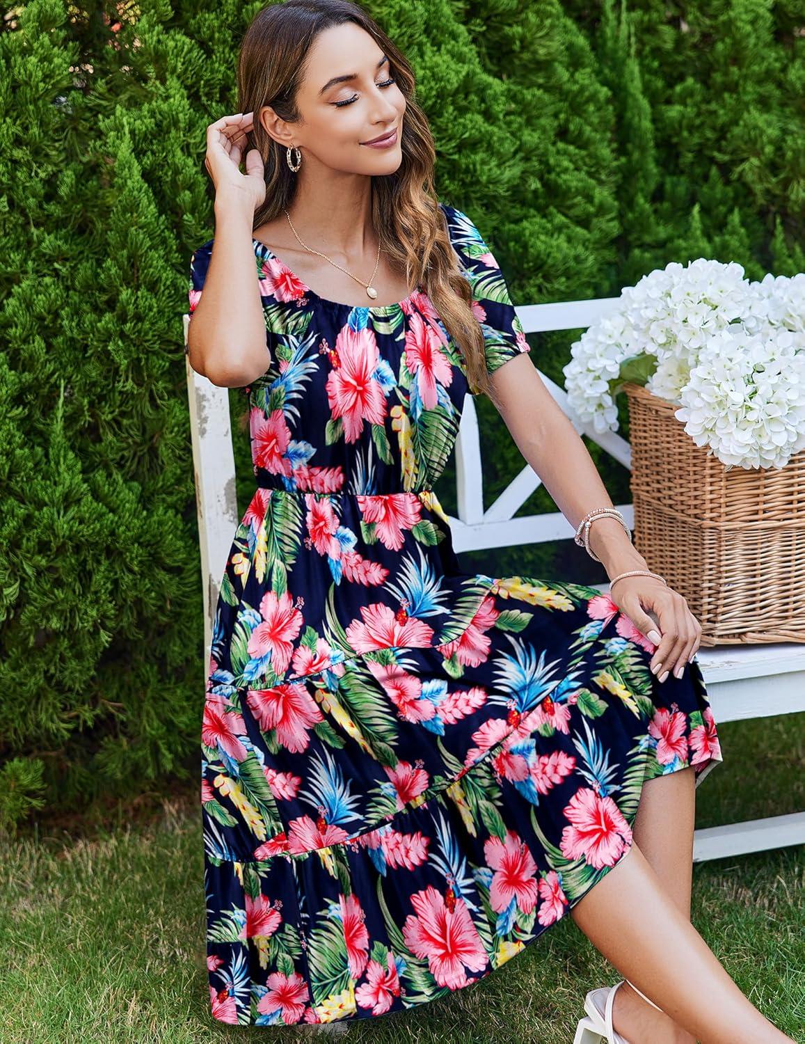 imageZeagoo Womens Summer Dress Casual Puff Sleeve Square Neck Midi Dresses Tiered Beach Vacation ALine Sundress with PocketsPink Green Floral