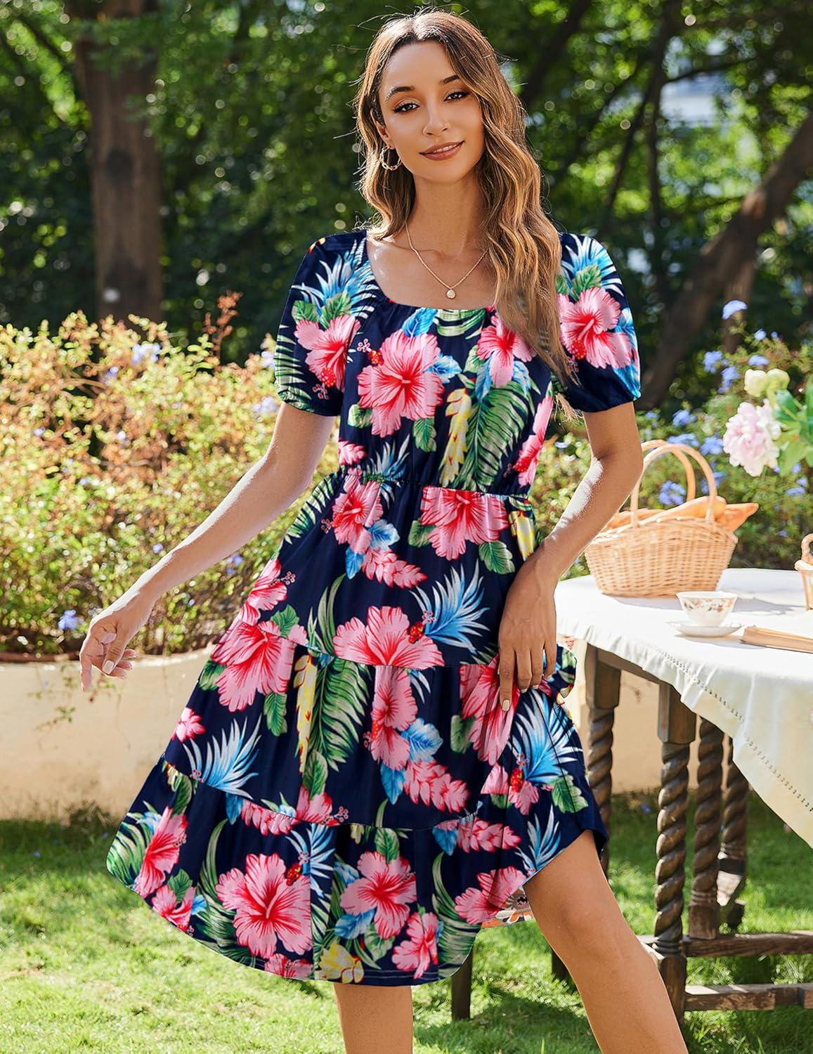 imageZeagoo Womens Summer Dress Casual Puff Sleeve Square Neck Midi Dresses Tiered Beach Vacation ALine Sundress with PocketsPink Green Floral