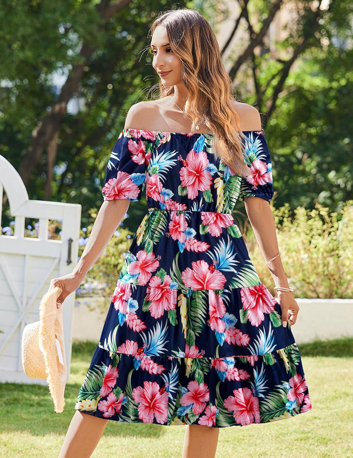 imageZeagoo Womens Summer Dress Casual Puff Sleeve Square Neck Midi Dresses Tiered Beach Vacation ALine Sundress with PocketsPink Green Floral