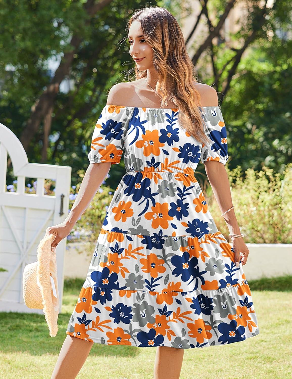 imageZeagoo Womens Summer Dress Casual Puff Sleeve Square Neck Midi Dresses Tiered Beach Vacation ALine Sundress with PocketsYellow Blue Floral