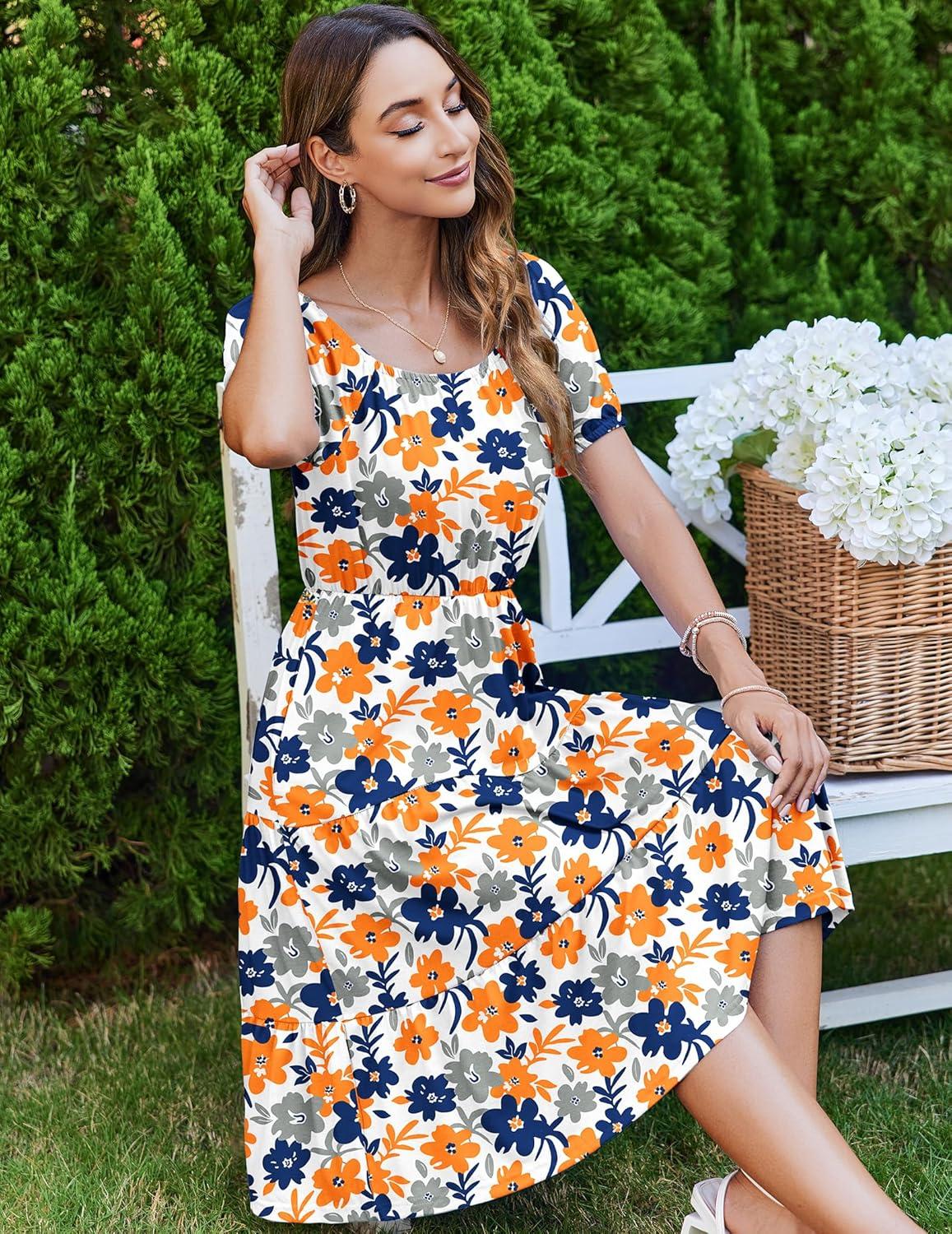 imageZeagoo Womens Summer Dress Casual Puff Sleeve Square Neck Midi Dresses Tiered Beach Vacation ALine Sundress with PocketsYellow Blue Floral