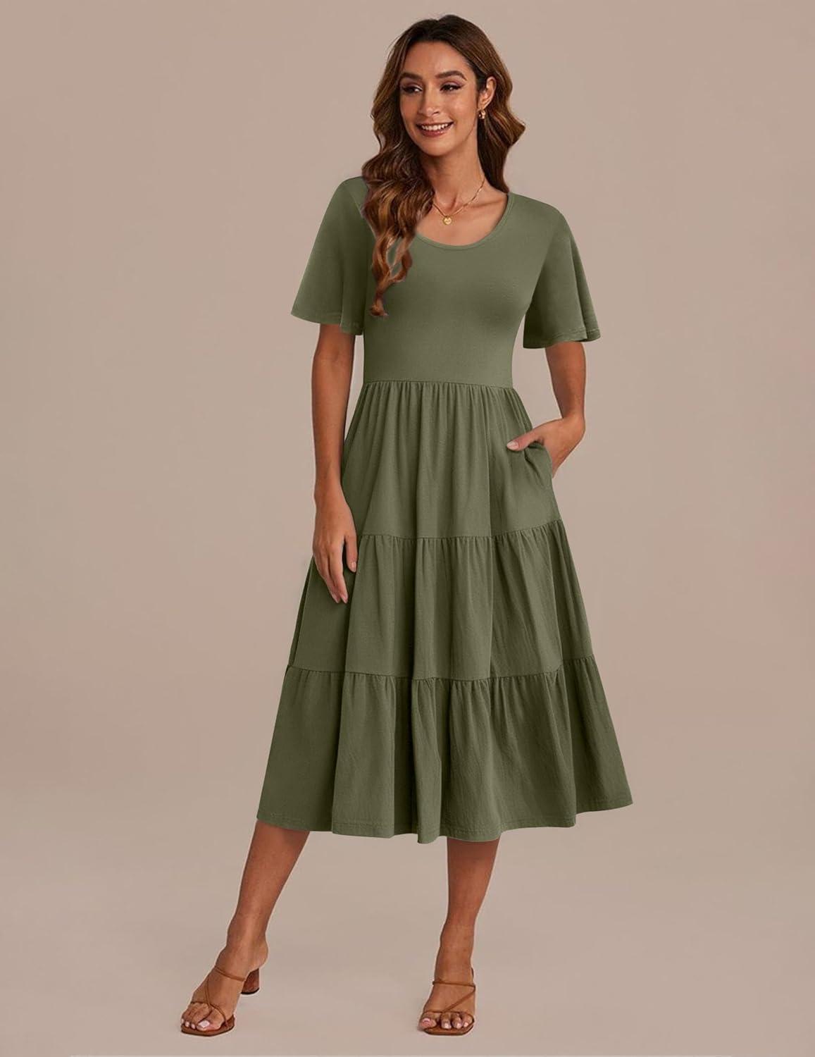 imageZeagoo Womens Summer Dress Midi Floral Flutter Short Sleeve Casual Dresses with Pockets Tiered Flowy Boho Beach DressArmy Green