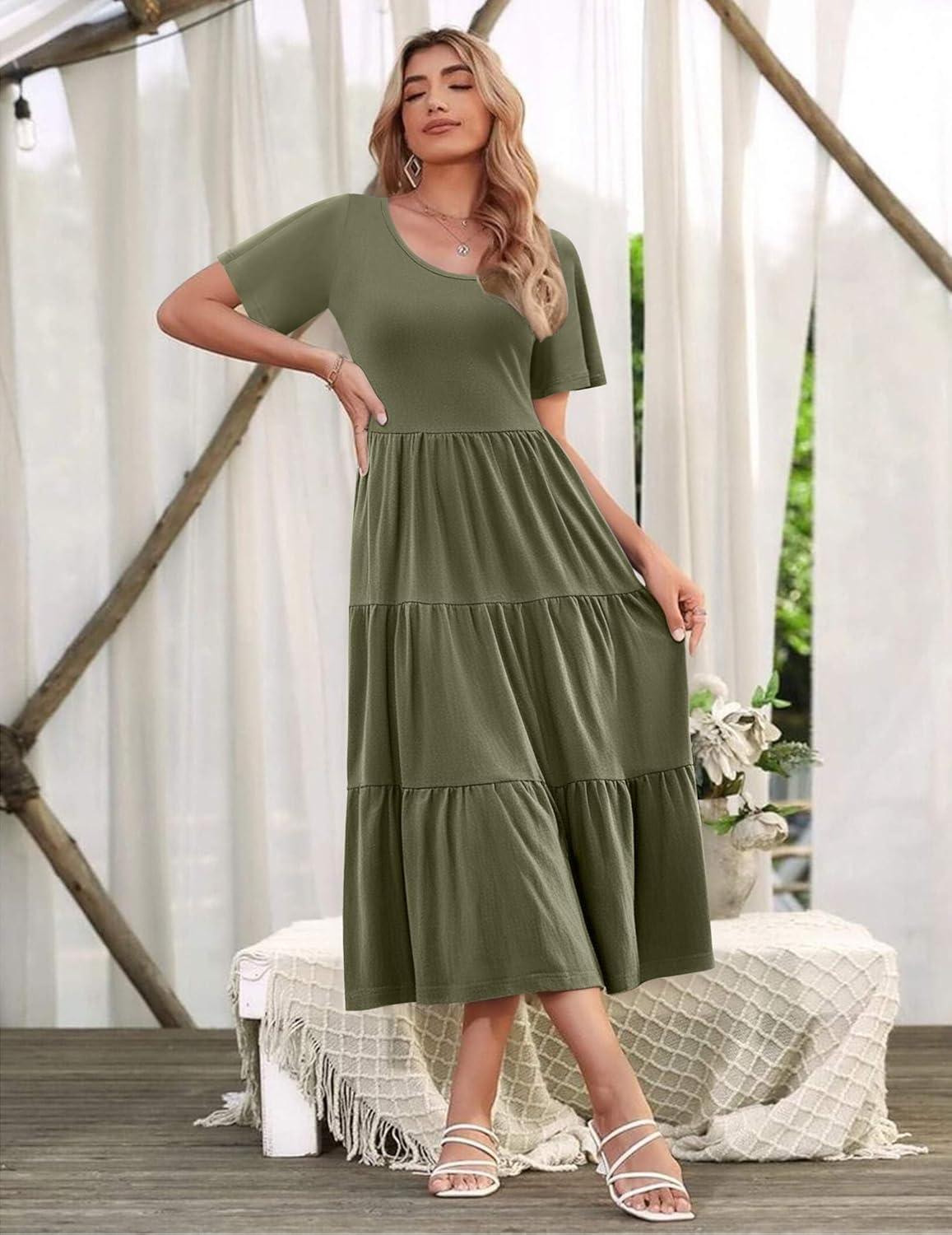 imageZeagoo Womens Summer Dress Midi Floral Flutter Short Sleeve Casual Dresses with Pockets Tiered Flowy Boho Beach DressArmy Green