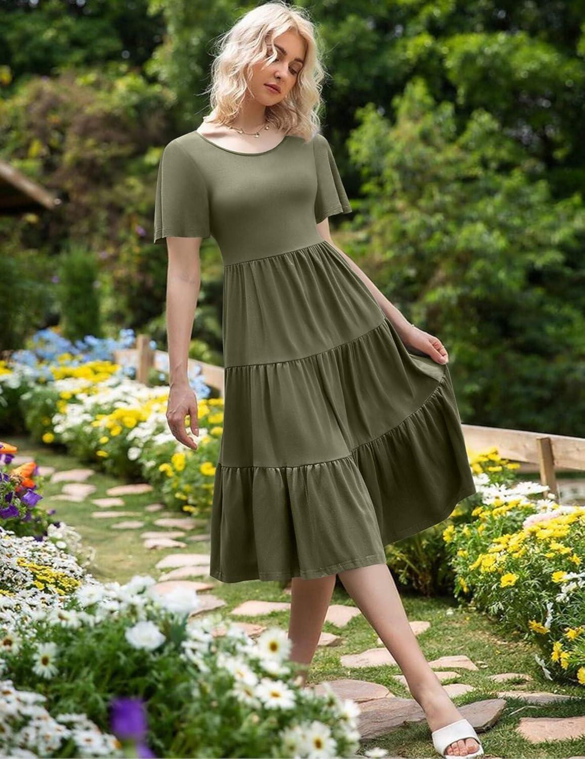 imageZeagoo Womens Summer Dress Midi Floral Flutter Short Sleeve Casual Dresses with Pockets Tiered Flowy Boho Beach DressArmy Green