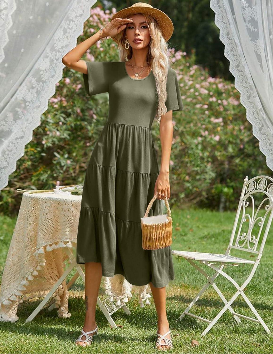 imageZeagoo Womens Summer Dress Midi Floral Flutter Short Sleeve Casual Dresses with Pockets Tiered Flowy Boho Beach DressArmy Green