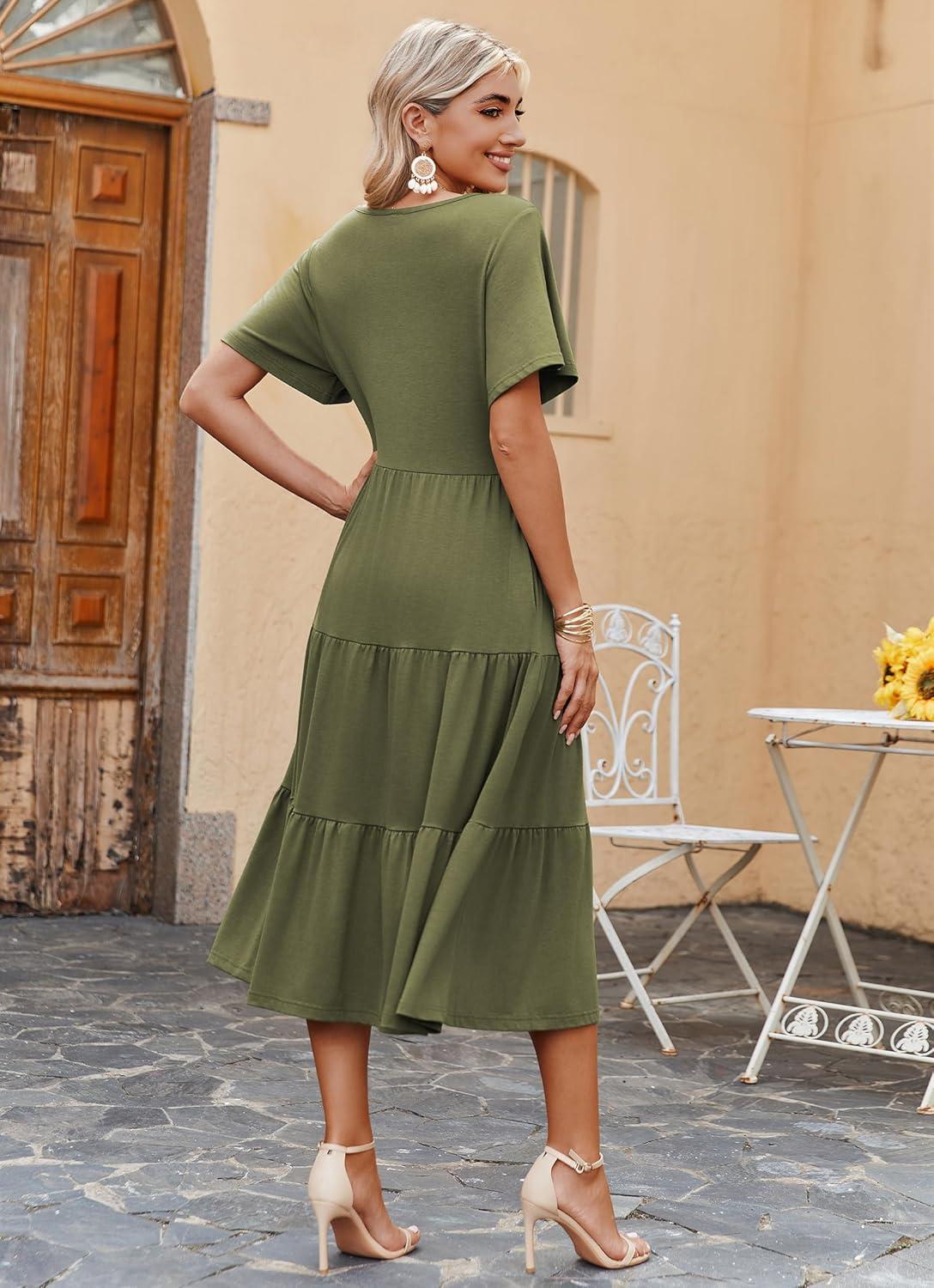 imageZeagoo Womens Summer Dress Midi Floral Flutter Short Sleeve Casual Dresses with Pockets Tiered Flowy Boho Beach DressArmy Green