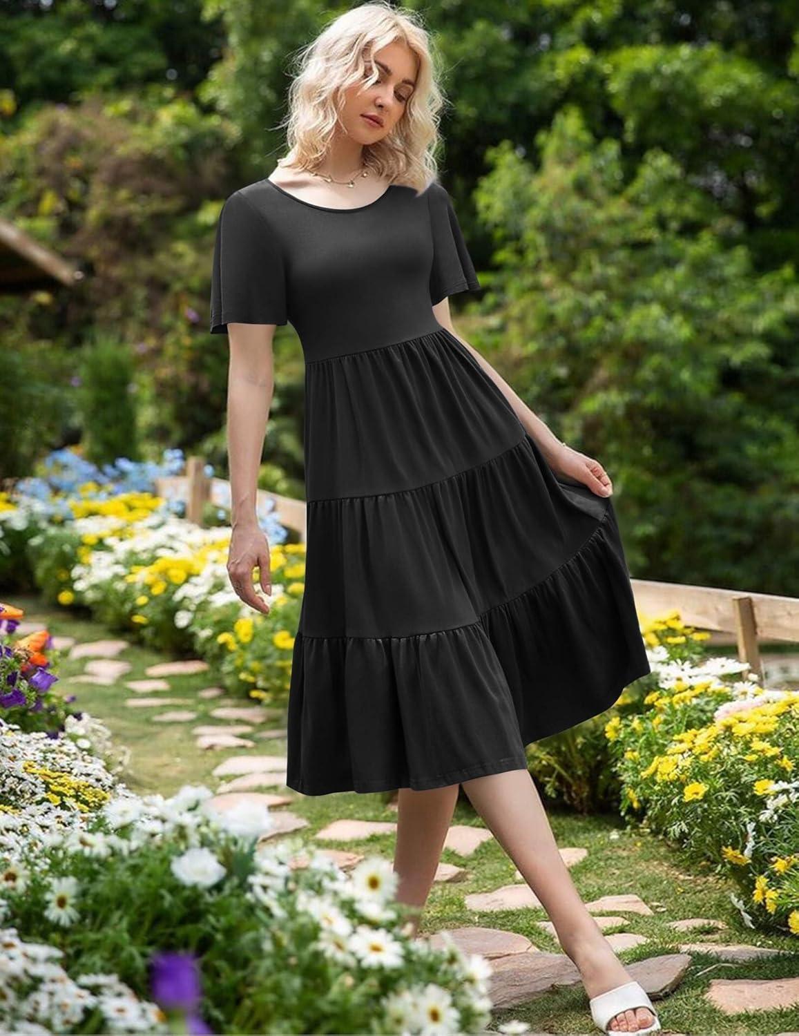 imageZeagoo Womens Summer Dress Midi Floral Flutter Short Sleeve Casual Dresses with Pockets Tiered Flowy Boho Beach DressBlack