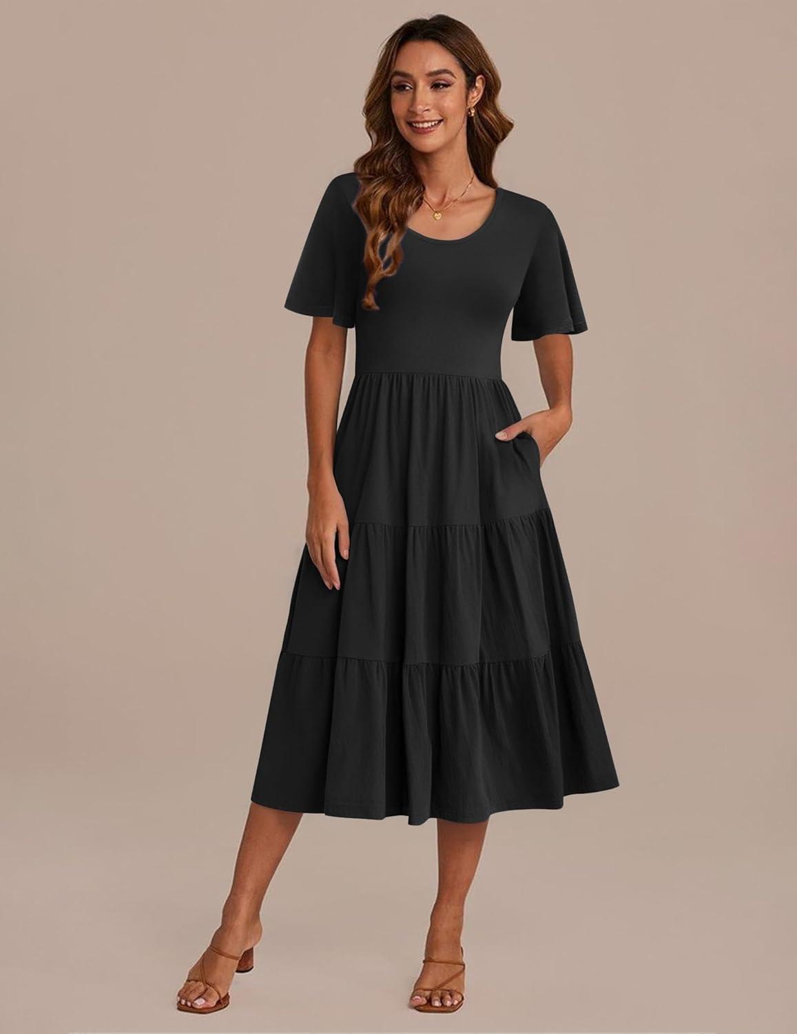 imageZeagoo Womens Summer Dress Midi Floral Flutter Short Sleeve Casual Dresses with Pockets Tiered Flowy Boho Beach DressBlack