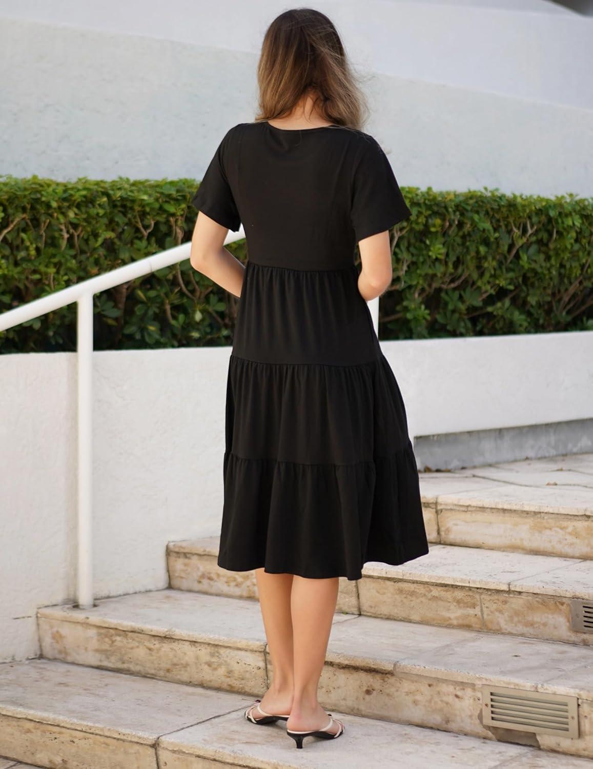 imageZeagoo Womens Summer Dress Midi Floral Flutter Short Sleeve Casual Dresses with Pockets Tiered Flowy Boho Beach DressBlack