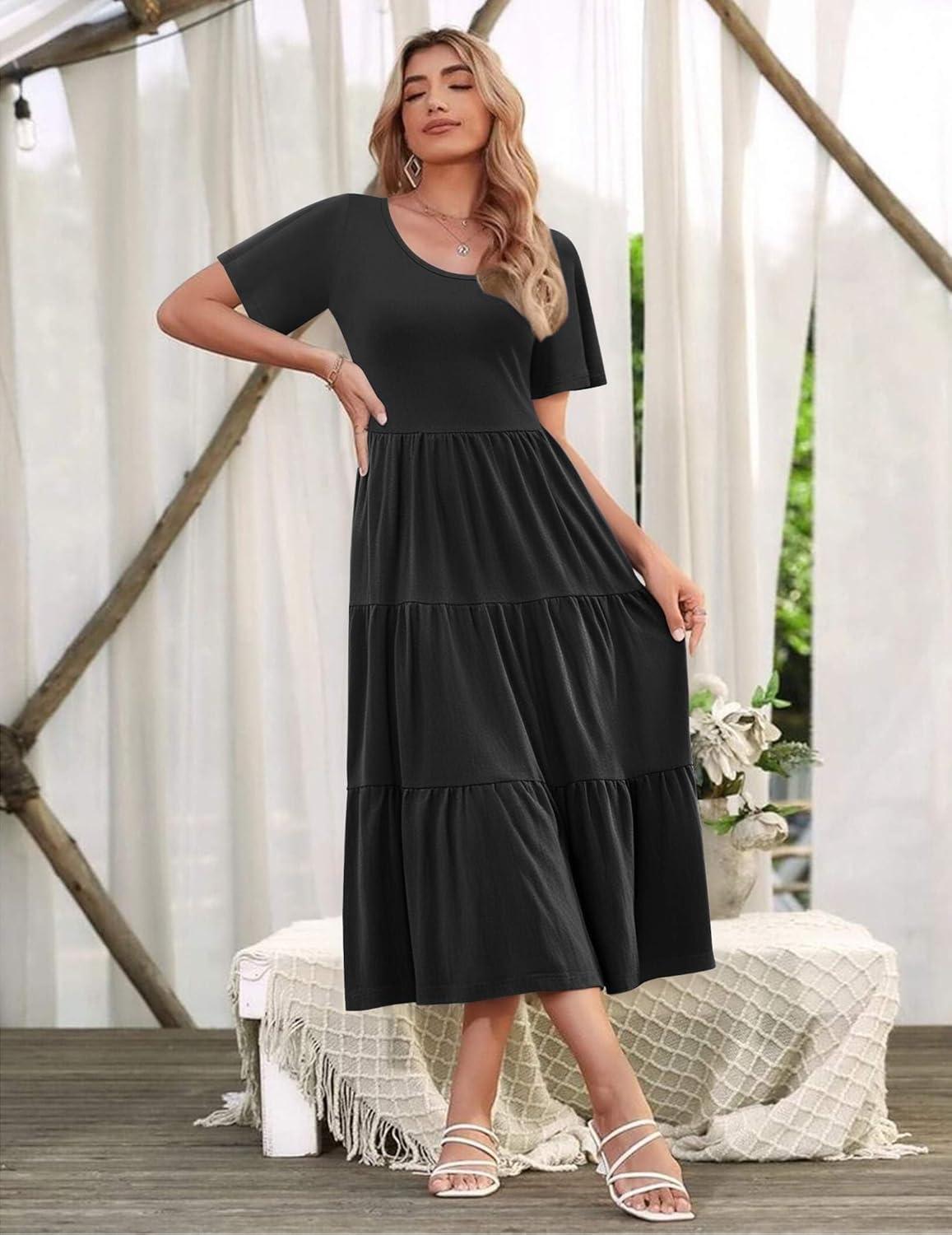 imageZeagoo Womens Summer Dress Midi Floral Flutter Short Sleeve Casual Dresses with Pockets Tiered Flowy Boho Beach DressBlack