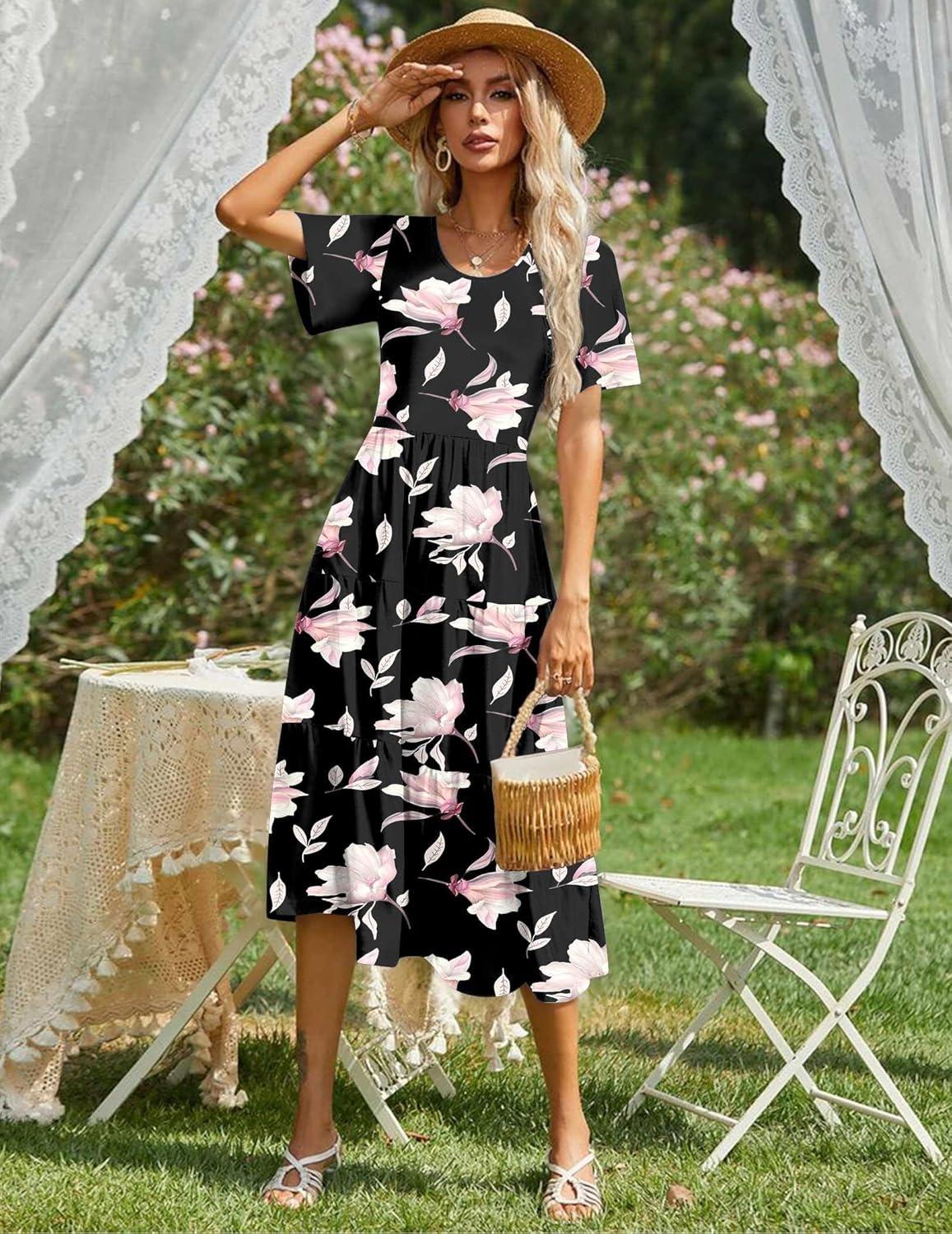 imageZeagoo Womens Summer Dress Midi Floral Flutter Short Sleeve Casual Dresses with Pockets Tiered Flowy Boho Beach DressFloral Black