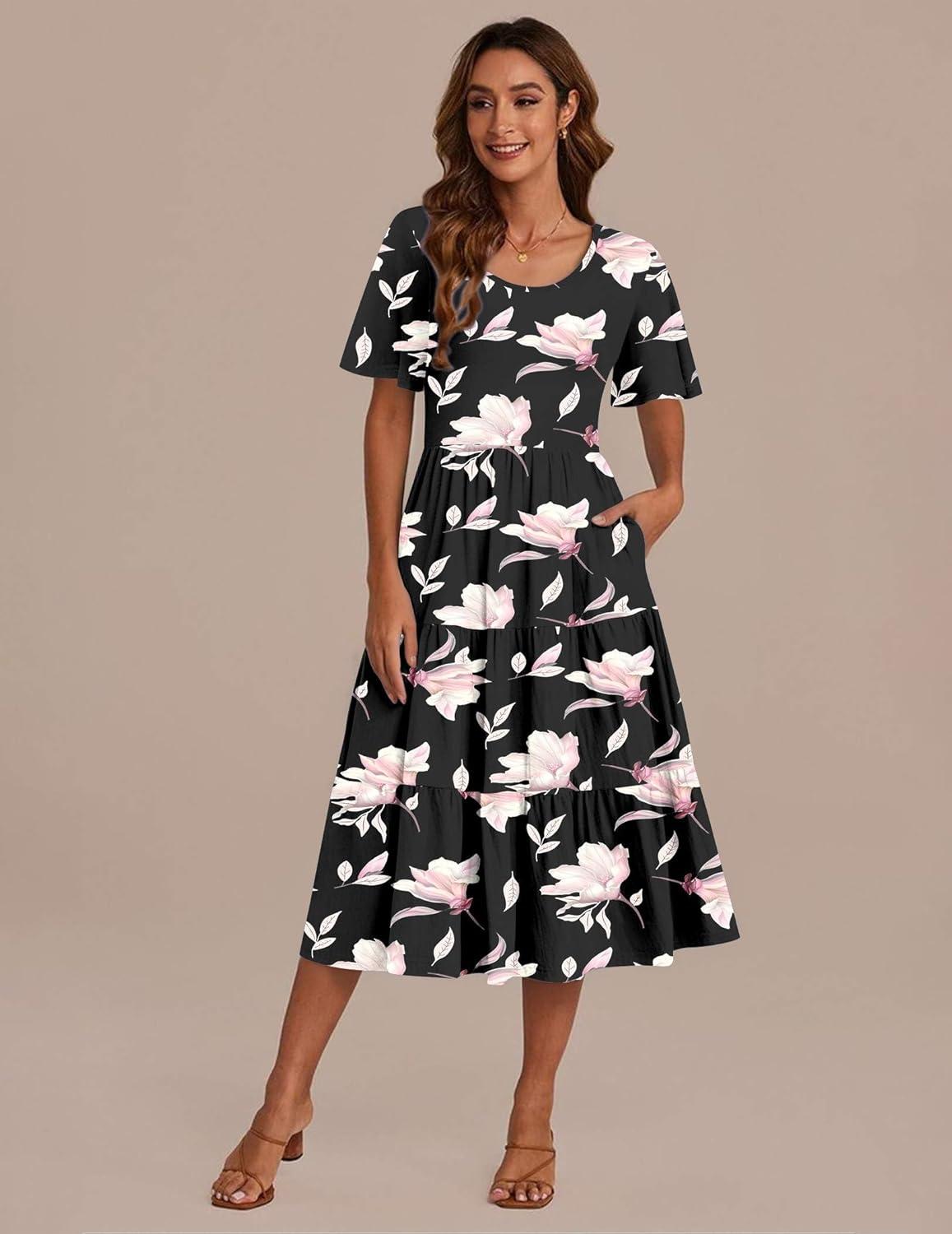 imageZeagoo Womens Summer Dress Midi Floral Flutter Short Sleeve Casual Dresses with Pockets Tiered Flowy Boho Beach DressFloral Black