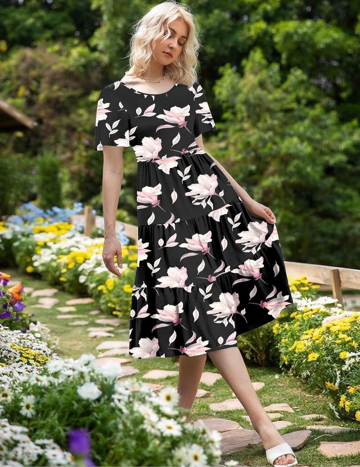 imageZeagoo Womens Summer Dress Midi Floral Flutter Short Sleeve Casual Dresses with Pockets Tiered Flowy Boho Beach DressFloral Black