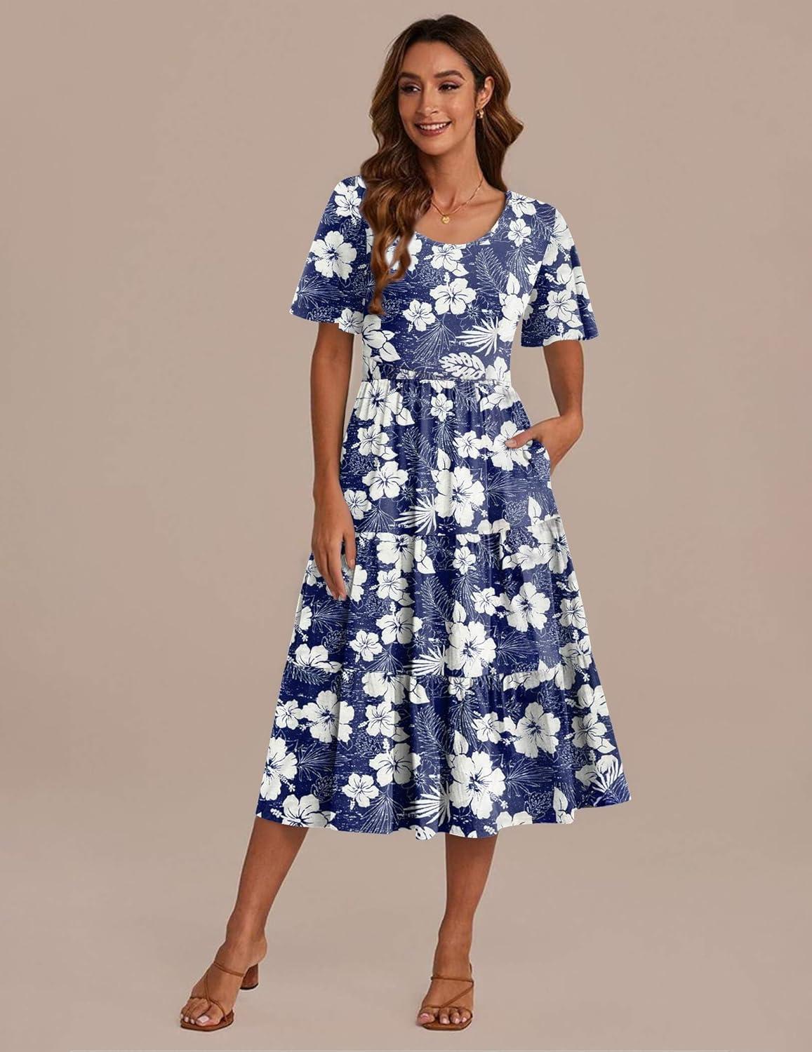 imageZeagoo Womens Summer Dress Midi Floral Flutter Short Sleeve Casual Dresses with Pockets Tiered Flowy Boho Beach DressFloral Blue