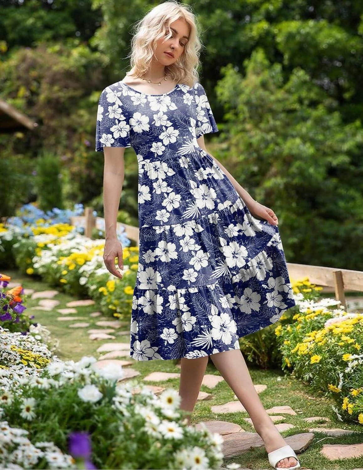 imageZeagoo Womens Summer Dress Midi Floral Flutter Short Sleeve Casual Dresses with Pockets Tiered Flowy Boho Beach DressFloral Blue