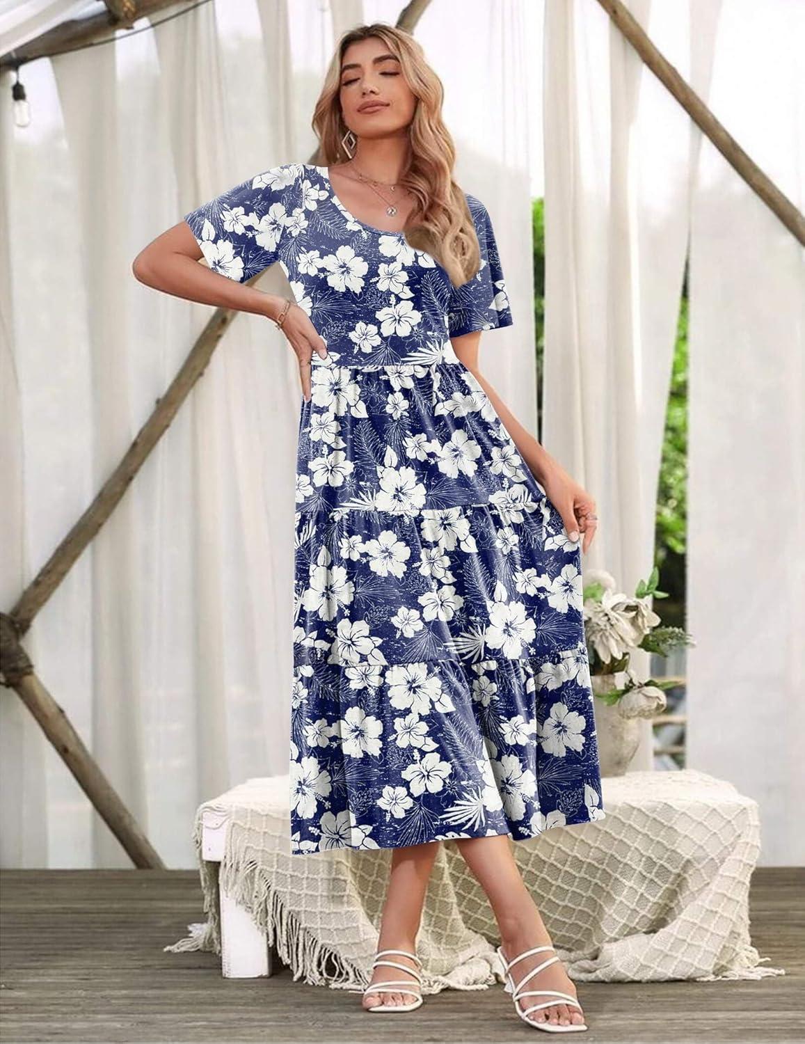 imageZeagoo Womens Summer Dress Midi Floral Flutter Short Sleeve Casual Dresses with Pockets Tiered Flowy Boho Beach DressFloral Blue