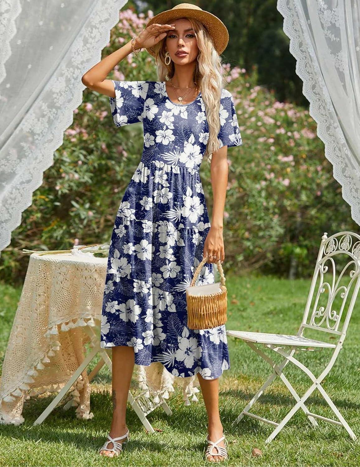 imageZeagoo Womens Summer Dress Midi Floral Flutter Short Sleeve Casual Dresses with Pockets Tiered Flowy Boho Beach DressFloral Blue