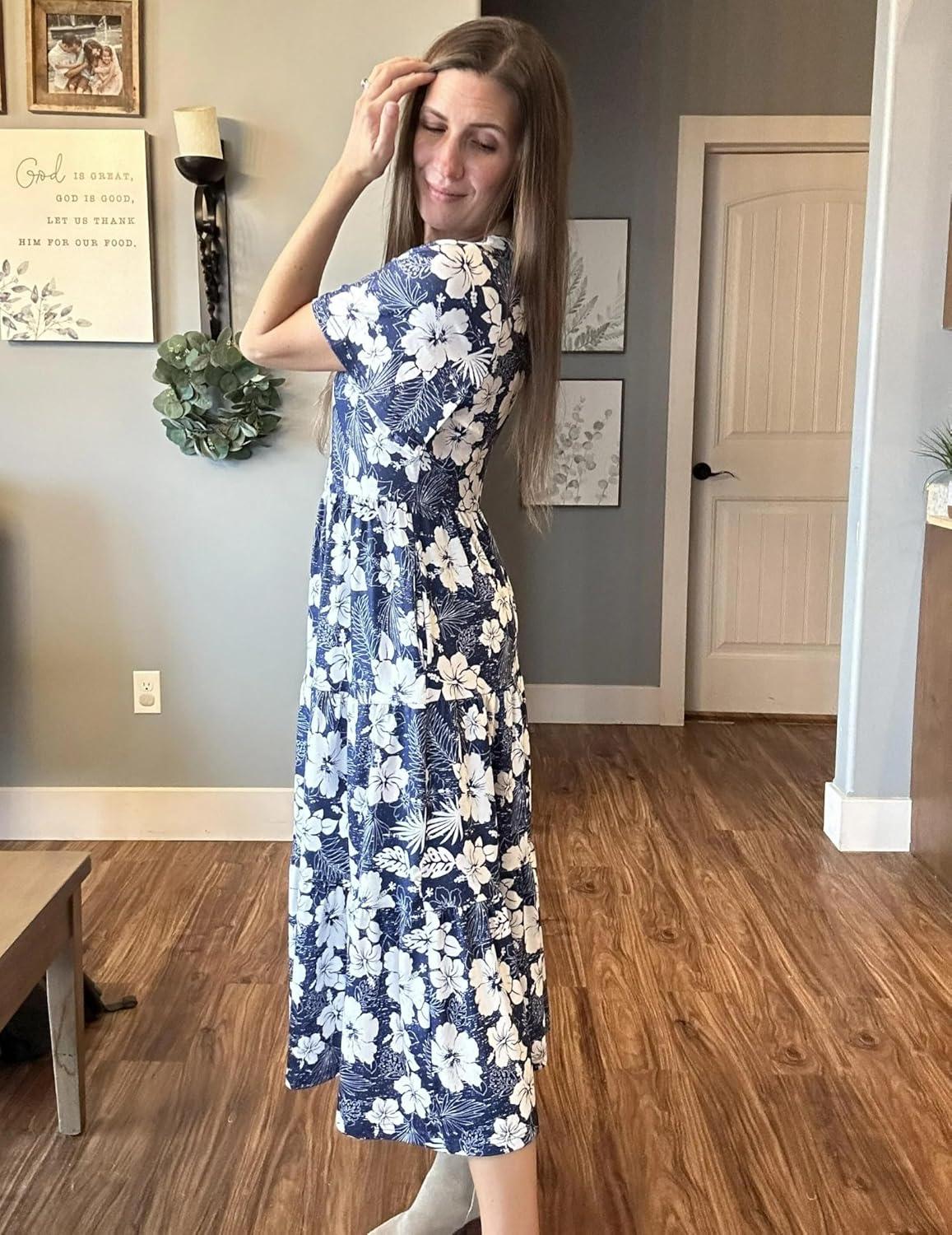 imageZeagoo Womens Summer Dress Midi Floral Flutter Short Sleeve Casual Dresses with Pockets Tiered Flowy Boho Beach DressFloral Blue
