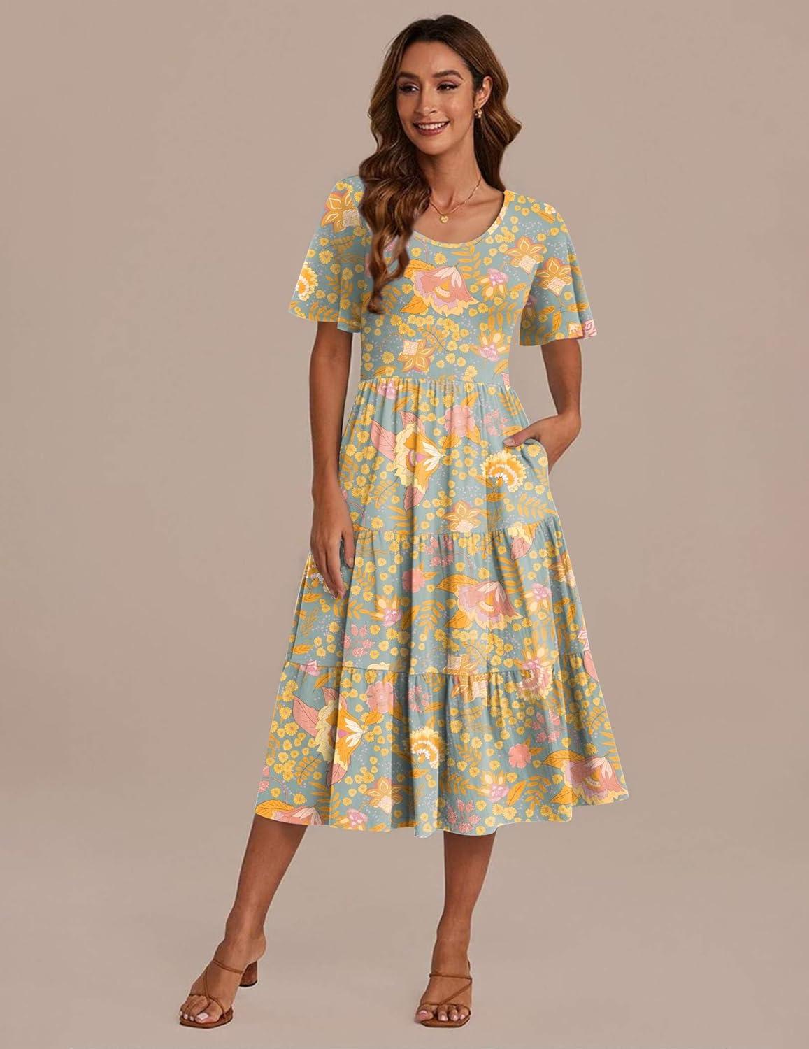 imageZeagoo Womens Summer Dress Midi Floral Flutter Short Sleeve Casual Dresses with Pockets Tiered Flowy Boho Beach DressFloral Gray