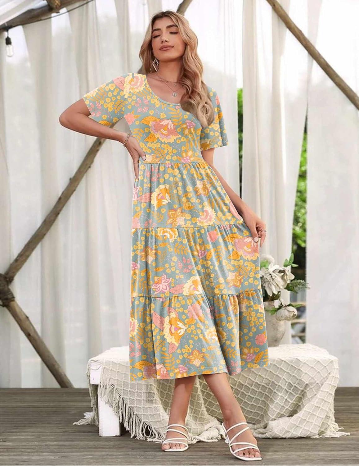 imageZeagoo Womens Summer Dress Midi Floral Flutter Short Sleeve Casual Dresses with Pockets Tiered Flowy Boho Beach DressFloral Gray