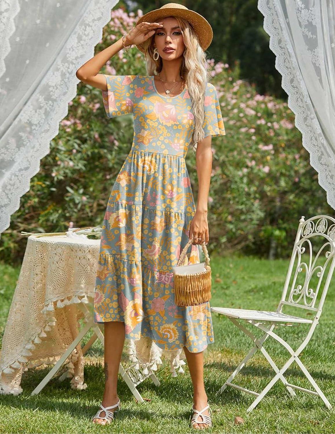 imageZeagoo Womens Summer Dress Midi Floral Flutter Short Sleeve Casual Dresses with Pockets Tiered Flowy Boho Beach DressFloral Gray