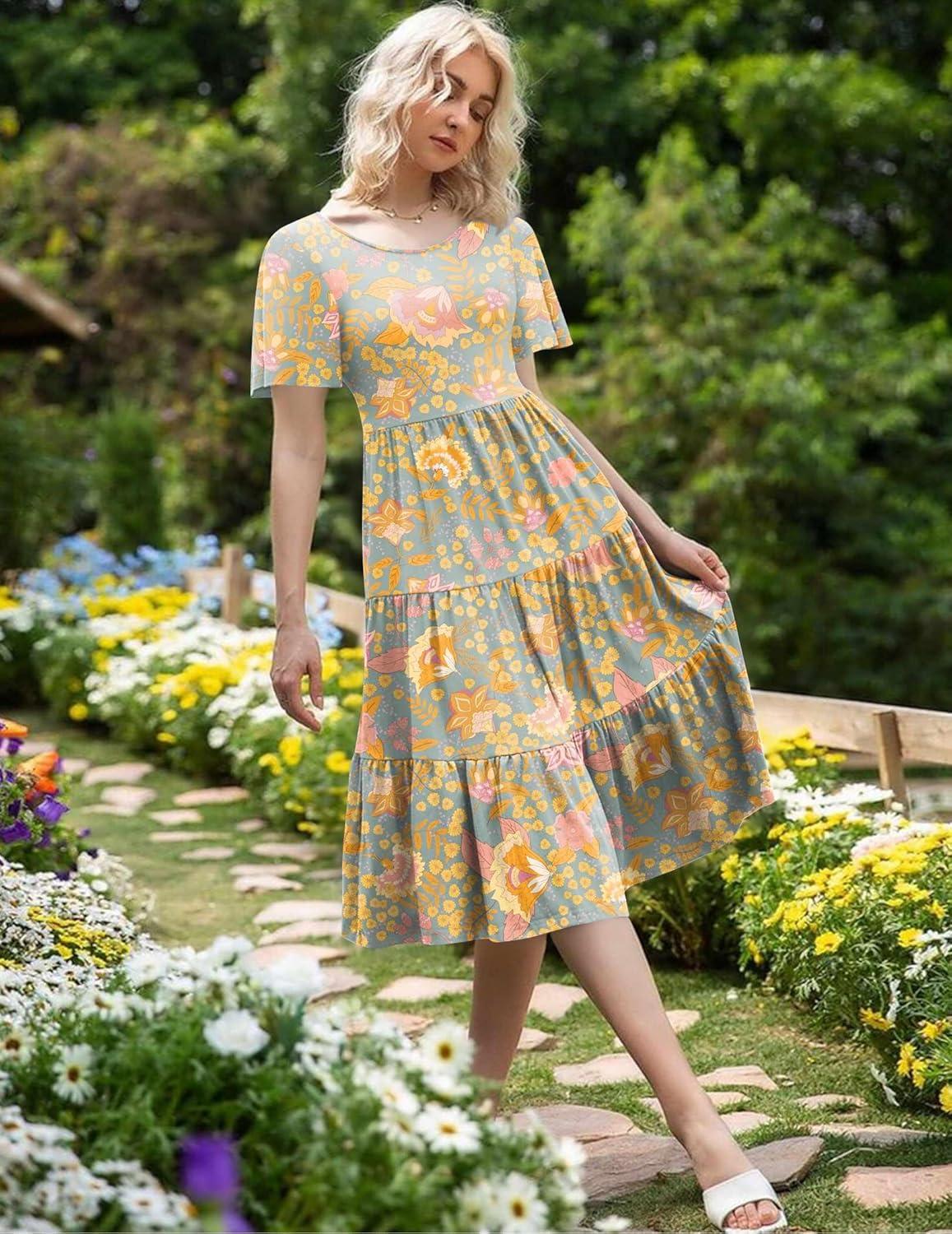 imageZeagoo Womens Summer Dress Midi Floral Flutter Short Sleeve Casual Dresses with Pockets Tiered Flowy Boho Beach DressFloral Gray
