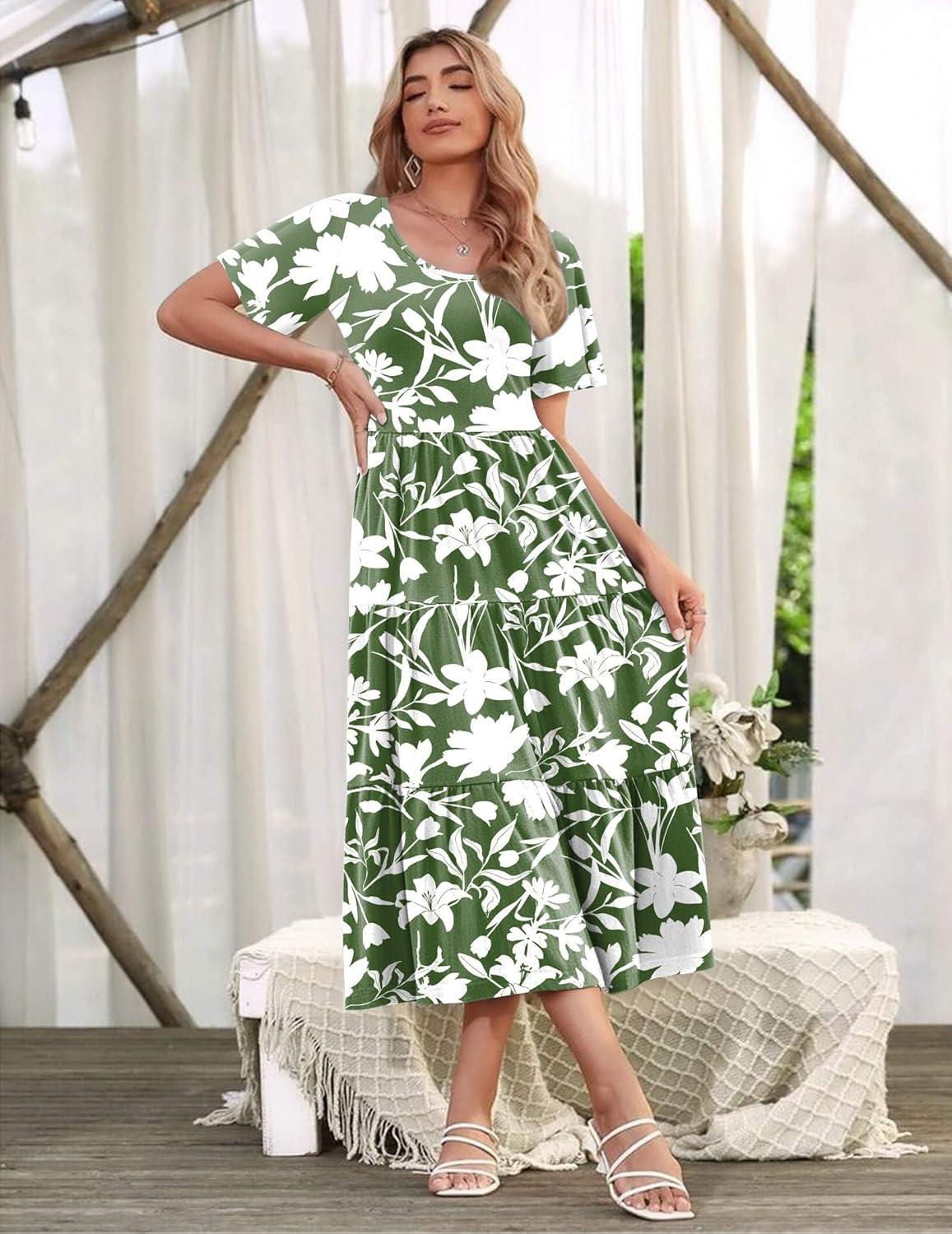 imageZeagoo Womens Summer Dress Midi Floral Flutter Short Sleeve Casual Dresses with Pockets Tiered Flowy Boho Beach DressFloral Green