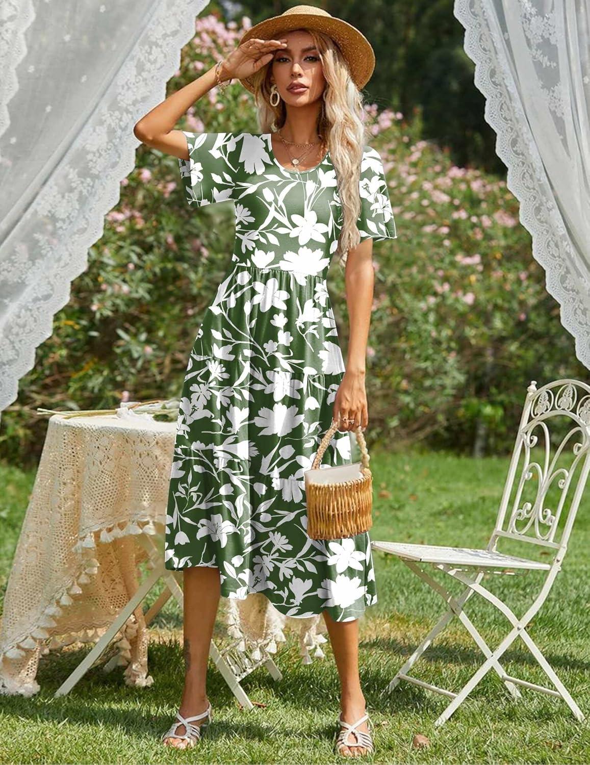 imageZeagoo Womens Summer Dress Midi Floral Flutter Short Sleeve Casual Dresses with Pockets Tiered Flowy Boho Beach DressFloral Green