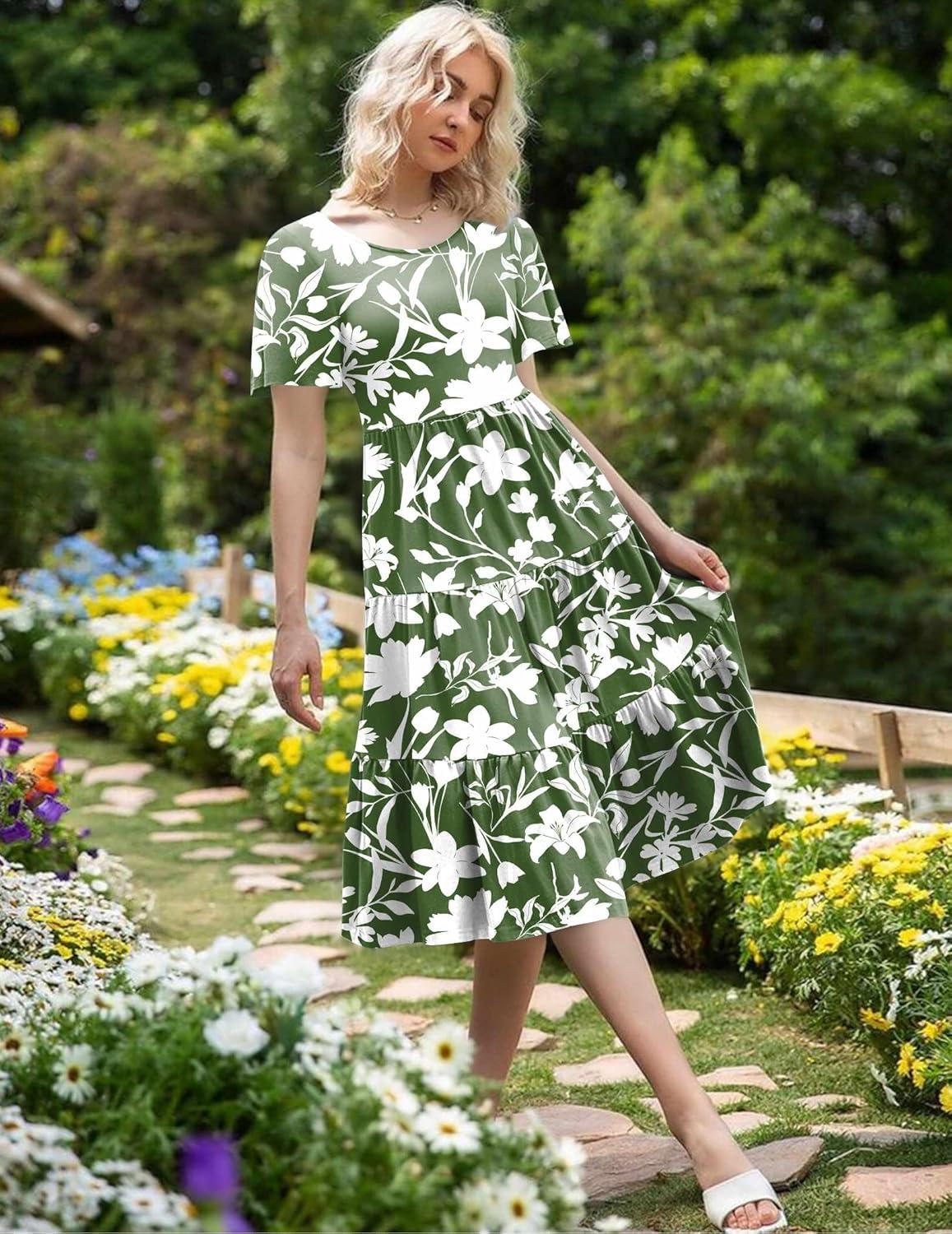 imageZeagoo Womens Summer Dress Midi Floral Flutter Short Sleeve Casual Dresses with Pockets Tiered Flowy Boho Beach DressFloral Green