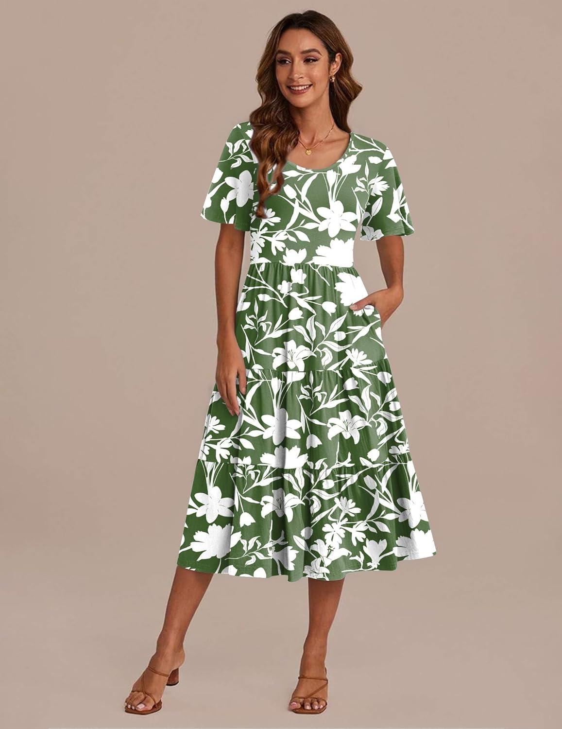 imageZeagoo Womens Summer Dress Midi Floral Flutter Short Sleeve Casual Dresses with Pockets Tiered Flowy Boho Beach DressFloral Green