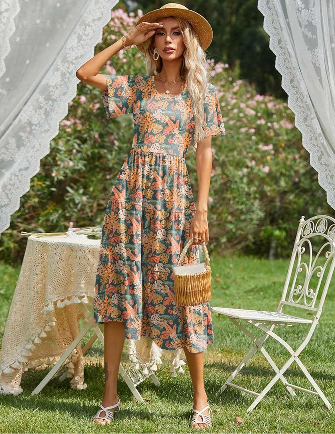 imageZeagoo Womens Summer Dress Midi Floral Flutter Short Sleeve Casual Dresses with Pockets Tiered Flowy Boho Beach DressFloral Orange