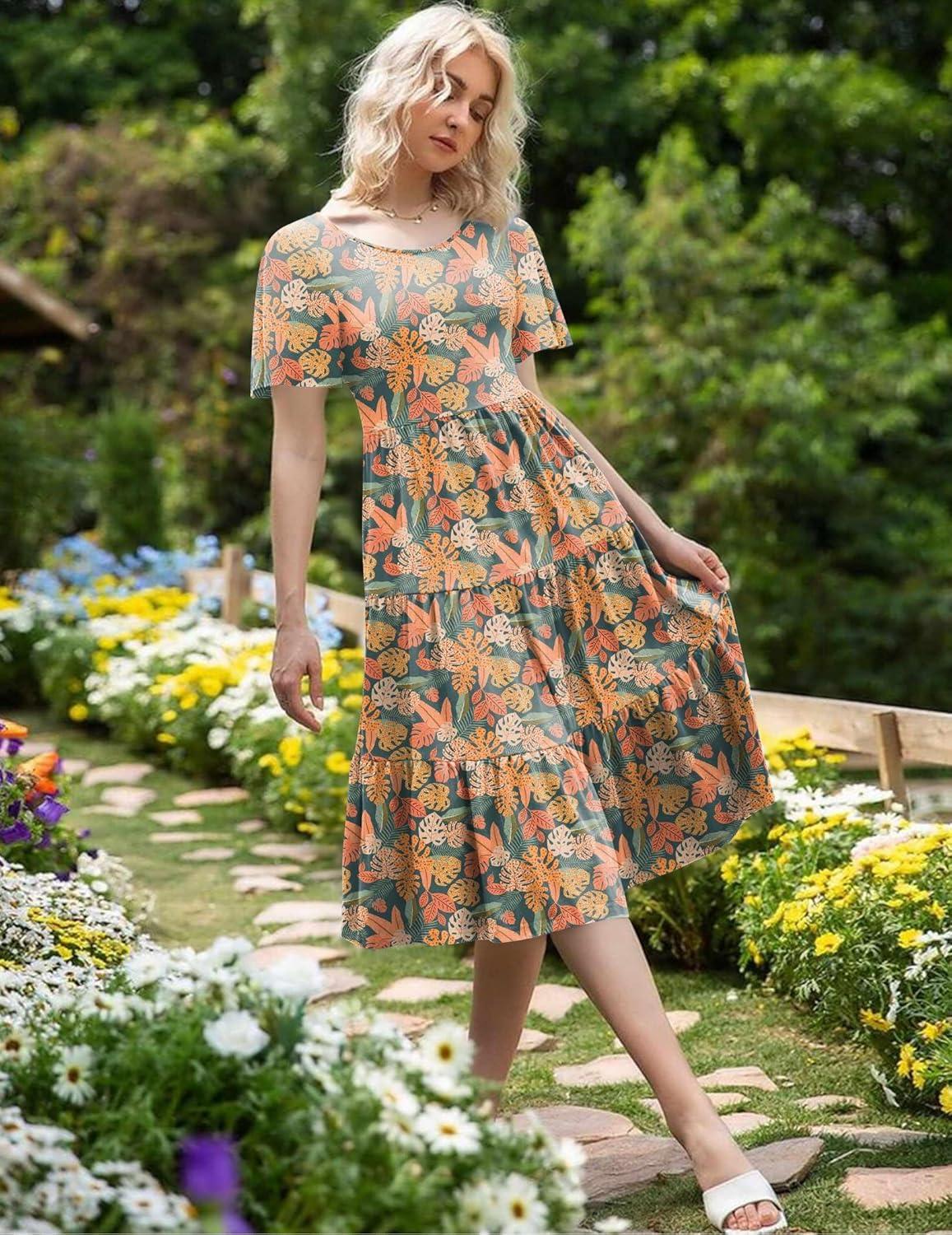 imageZeagoo Womens Summer Dress Midi Floral Flutter Short Sleeve Casual Dresses with Pockets Tiered Flowy Boho Beach DressFloral Orange