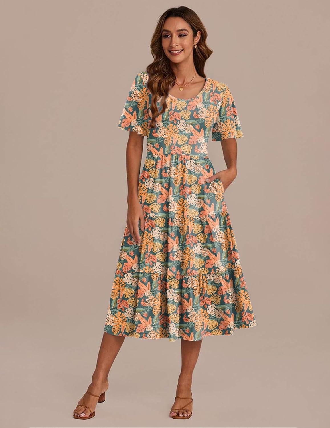 imageZeagoo Womens Summer Dress Midi Floral Flutter Short Sleeve Casual Dresses with Pockets Tiered Flowy Boho Beach DressFloral Orange