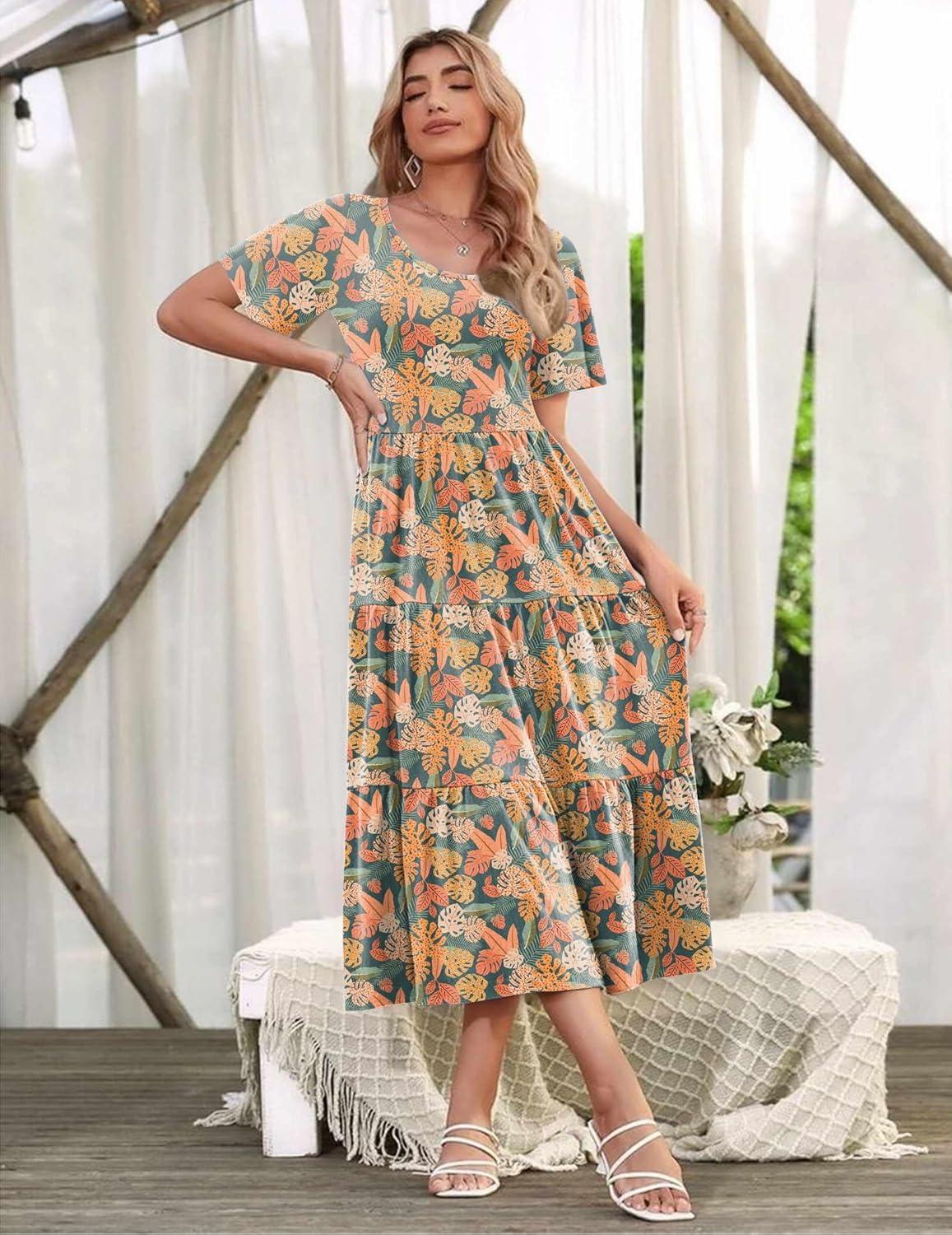 imageZeagoo Womens Summer Dress Midi Floral Flutter Short Sleeve Casual Dresses with Pockets Tiered Flowy Boho Beach DressFloral Orange