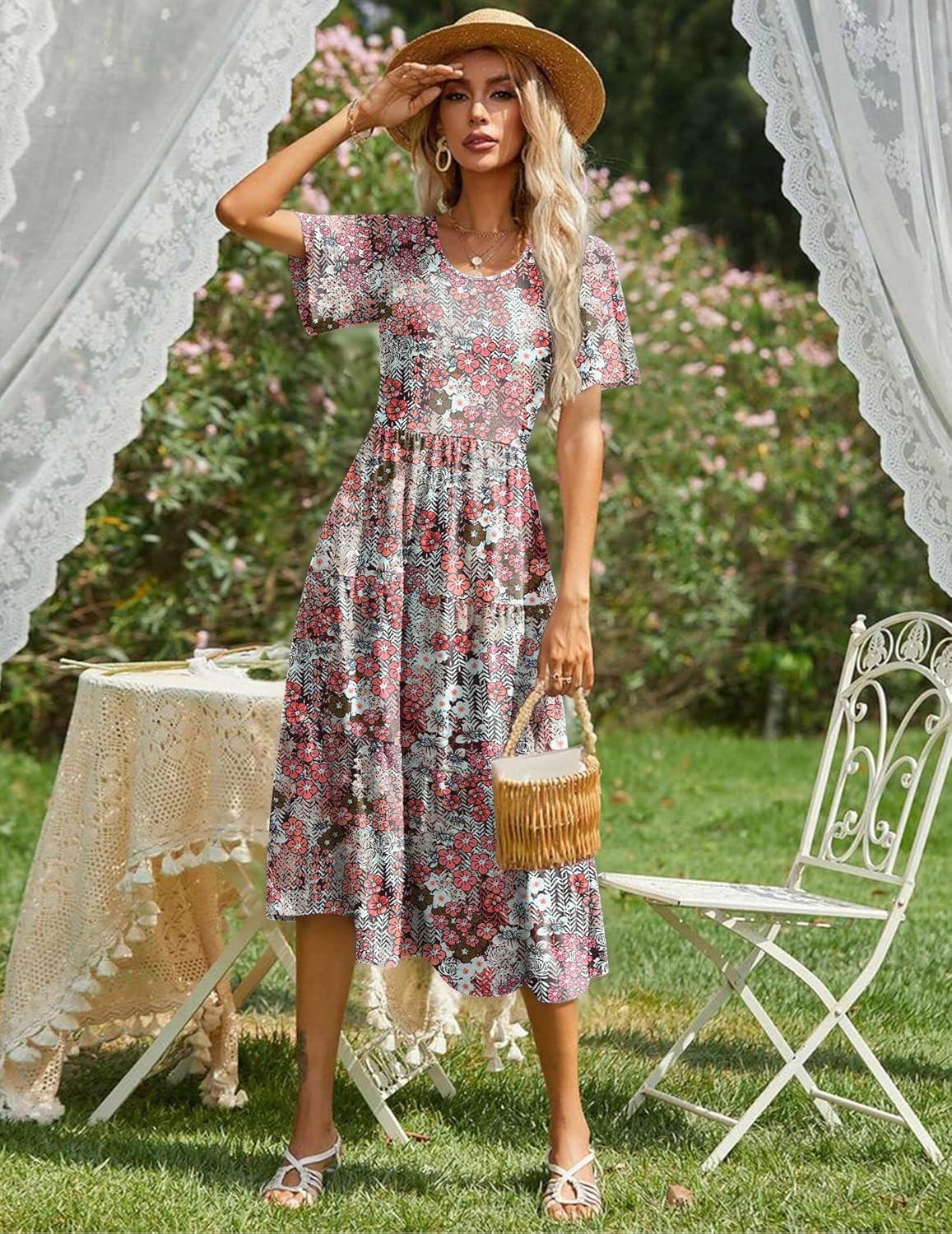 imageZeagoo Womens Summer Dress Midi Floral Flutter Short Sleeve Casual Dresses with Pockets Tiered Flowy Boho Beach DressFloral Pink