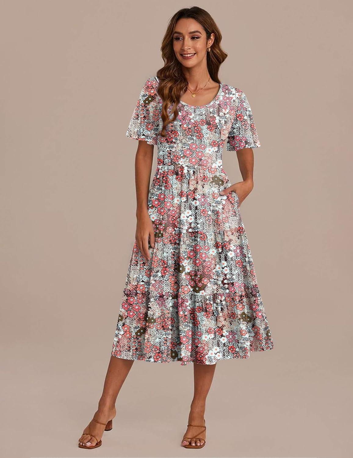 imageZeagoo Womens Summer Dress Midi Floral Flutter Short Sleeve Casual Dresses with Pockets Tiered Flowy Boho Beach DressFloral Pink