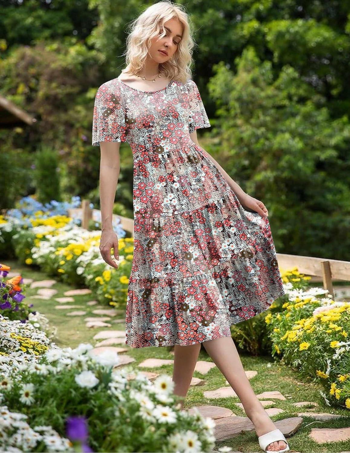 imageZeagoo Womens Summer Dress Midi Floral Flutter Short Sleeve Casual Dresses with Pockets Tiered Flowy Boho Beach DressFloral Pink