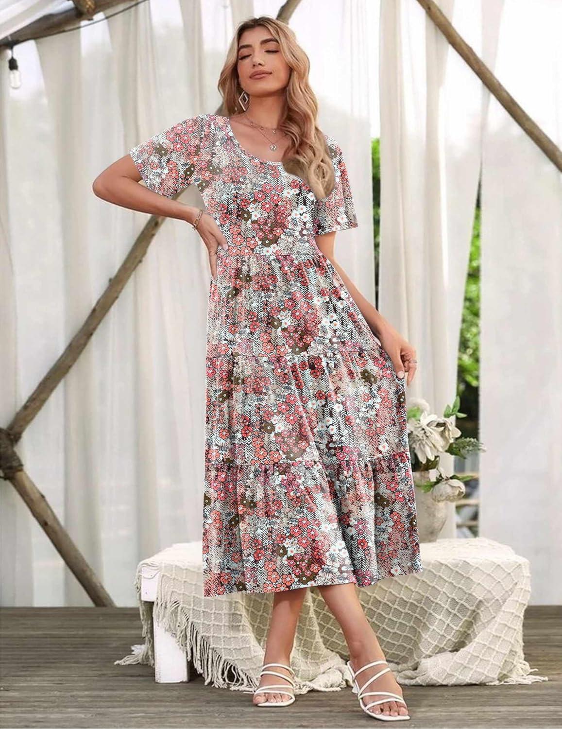 imageZeagoo Womens Summer Dress Midi Floral Flutter Short Sleeve Casual Dresses with Pockets Tiered Flowy Boho Beach DressFloral Pink