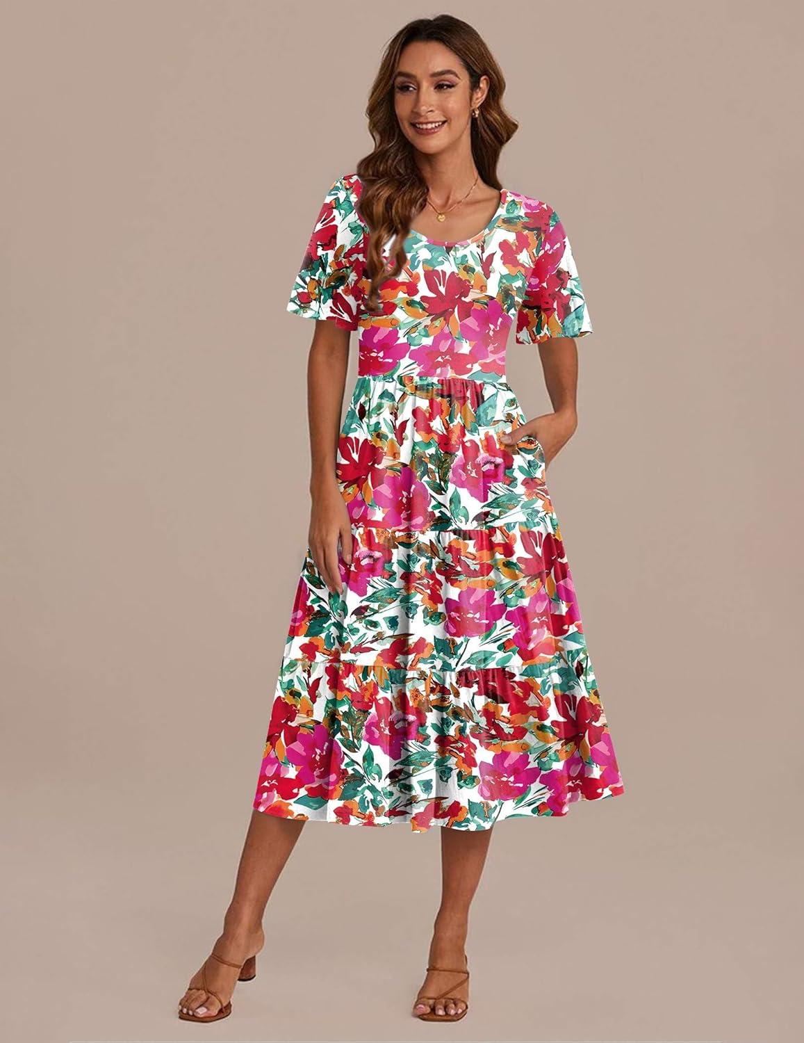 imageZeagoo Womens Summer Dress Midi Floral Flutter Short Sleeve Casual Dresses with Pockets Tiered Flowy Boho Beach DressFloral Printed