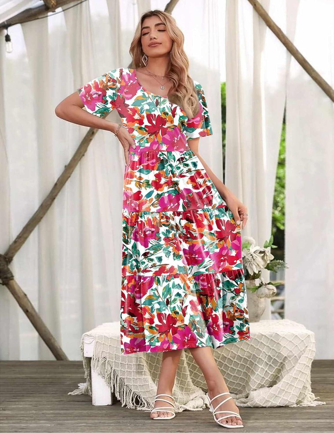 imageZeagoo Womens Summer Dress Midi Floral Flutter Short Sleeve Casual Dresses with Pockets Tiered Flowy Boho Beach DressFloral Printed