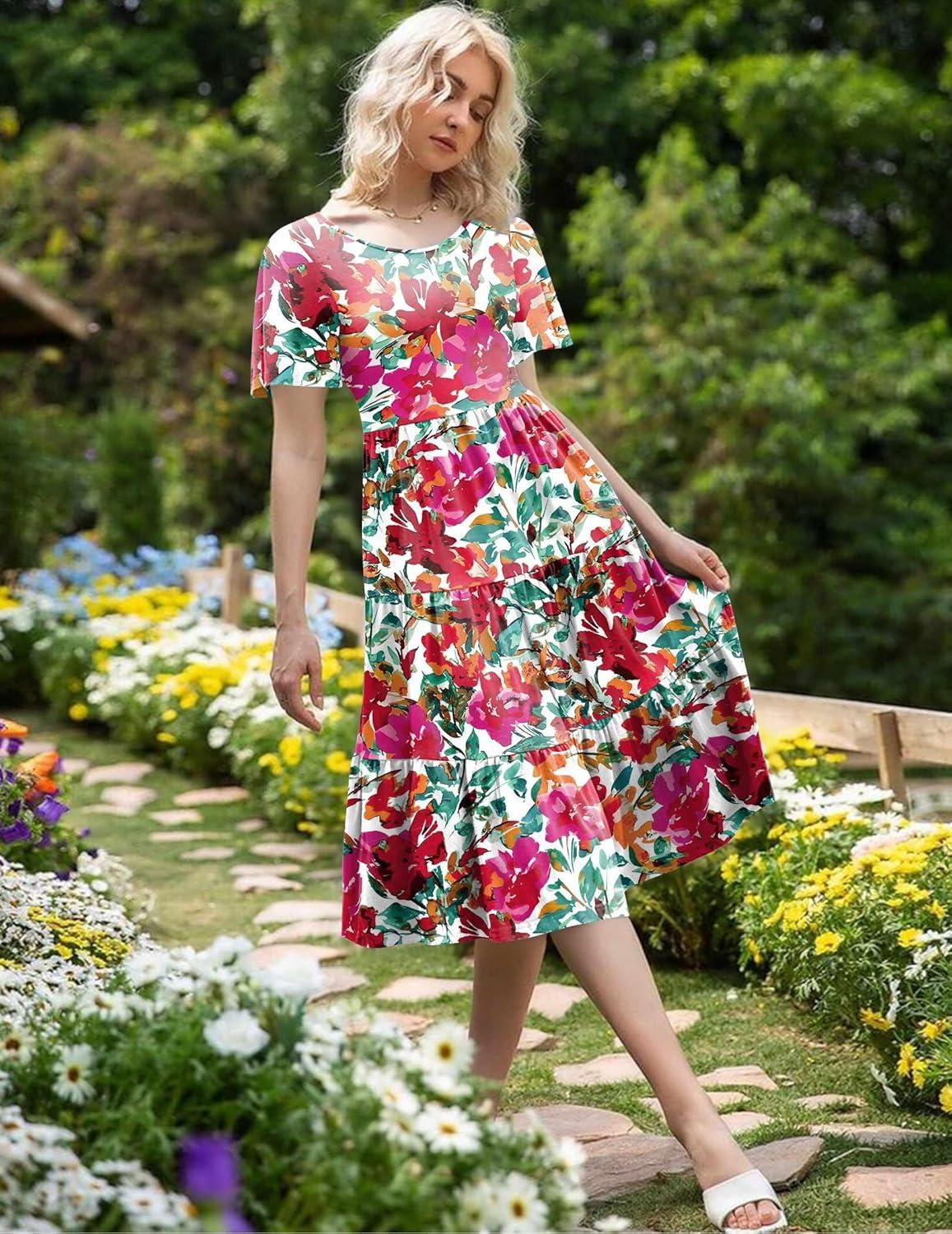 imageZeagoo Womens Summer Dress Midi Floral Flutter Short Sleeve Casual Dresses with Pockets Tiered Flowy Boho Beach DressFloral Printed