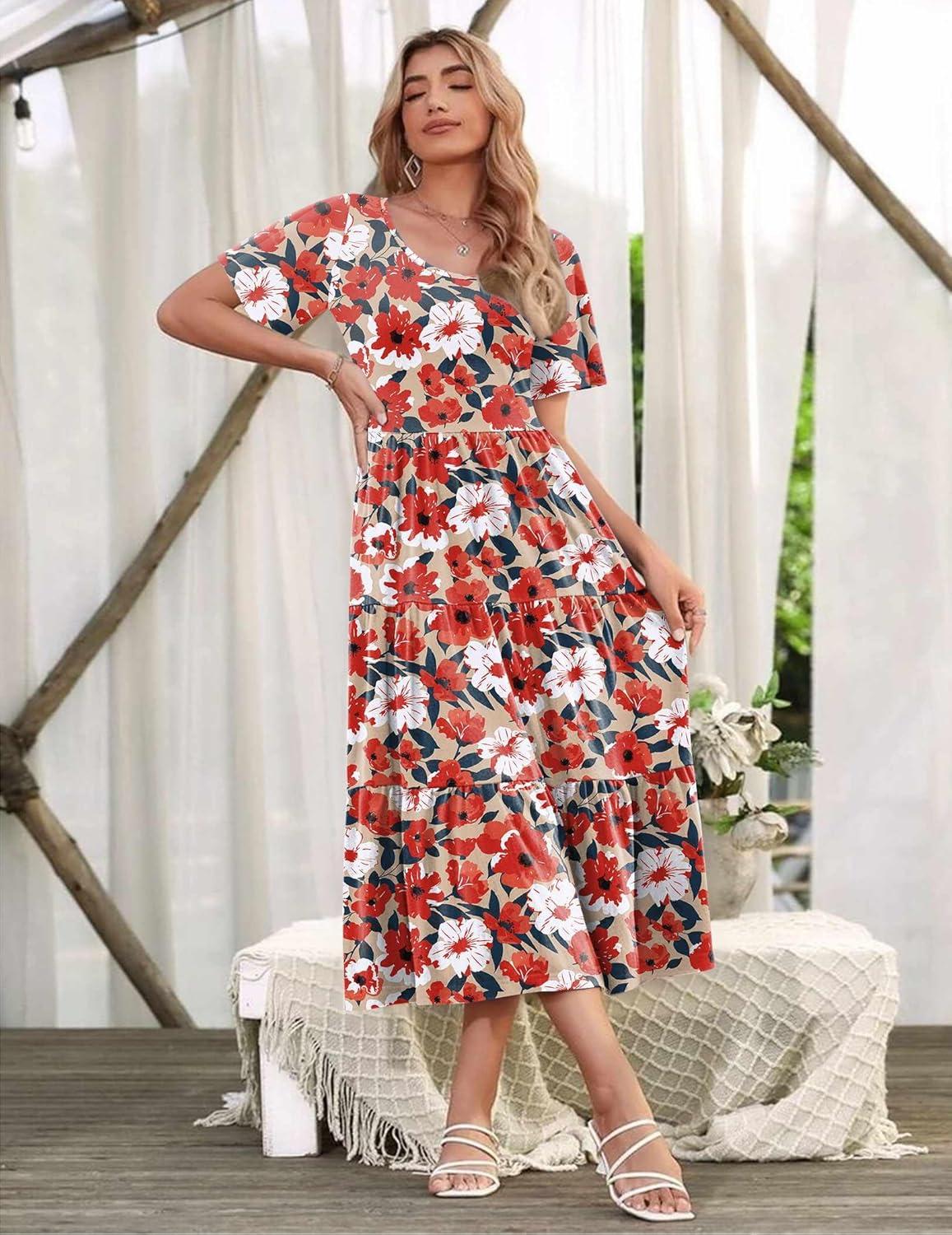 imageZeagoo Womens Summer Dress Midi Floral Flutter Short Sleeve Casual Dresses with Pockets Tiered Flowy Boho Beach DressFloral Red