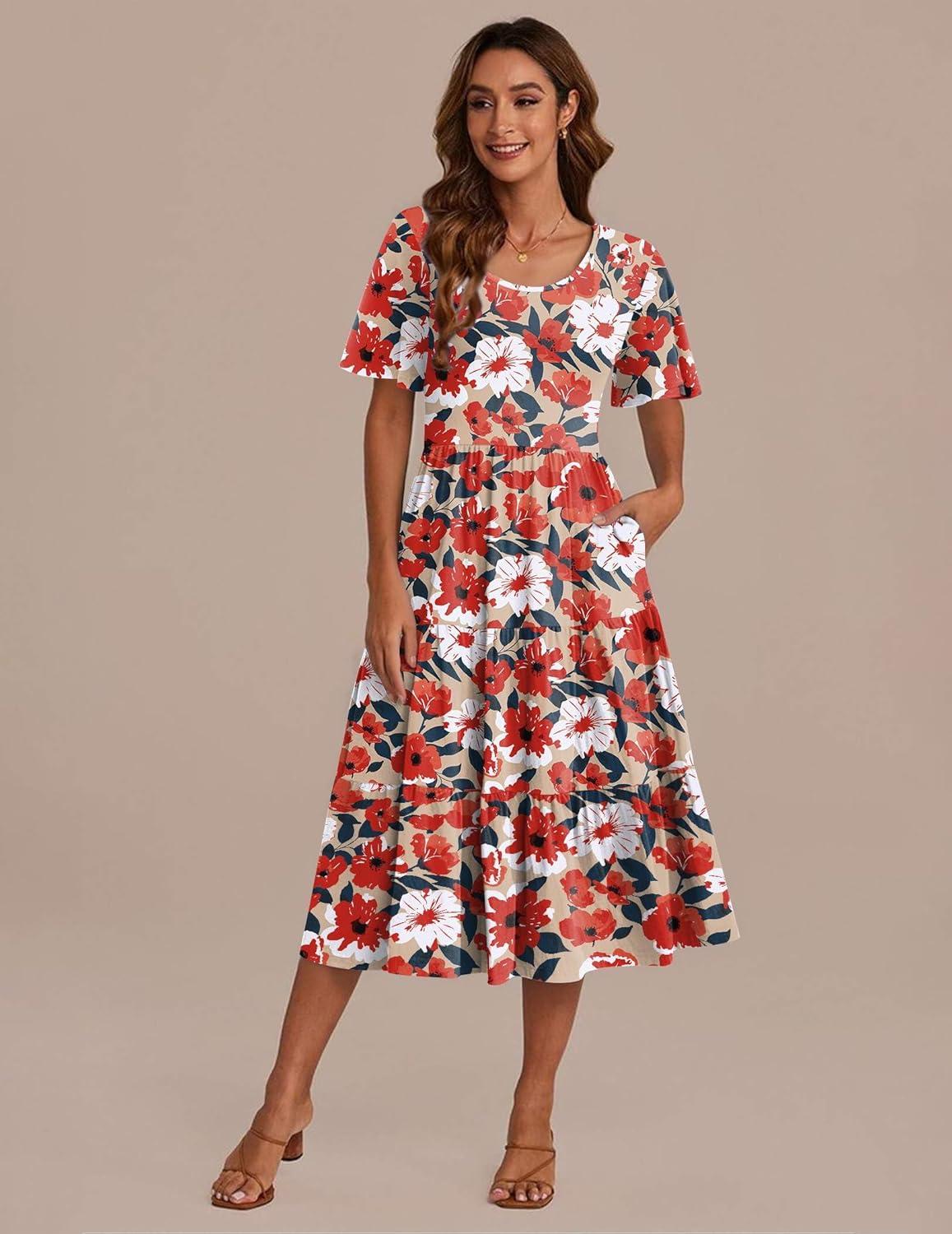 imageZeagoo Womens Summer Dress Midi Floral Flutter Short Sleeve Casual Dresses with Pockets Tiered Flowy Boho Beach DressFloral Red