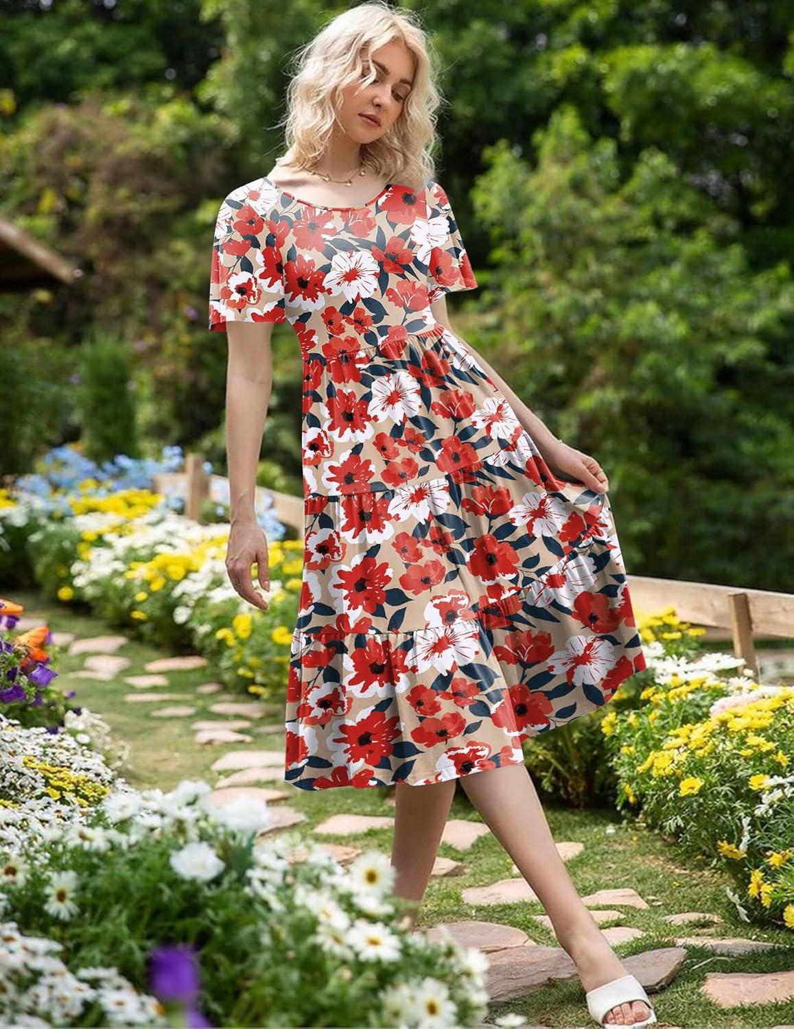 imageZeagoo Womens Summer Dress Midi Floral Flutter Short Sleeve Casual Dresses with Pockets Tiered Flowy Boho Beach DressFloral Red