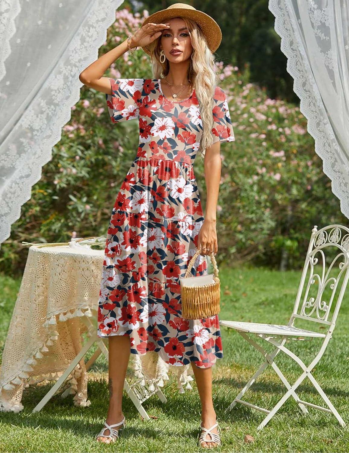imageZeagoo Womens Summer Dress Midi Floral Flutter Short Sleeve Casual Dresses with Pockets Tiered Flowy Boho Beach DressFloral Red
