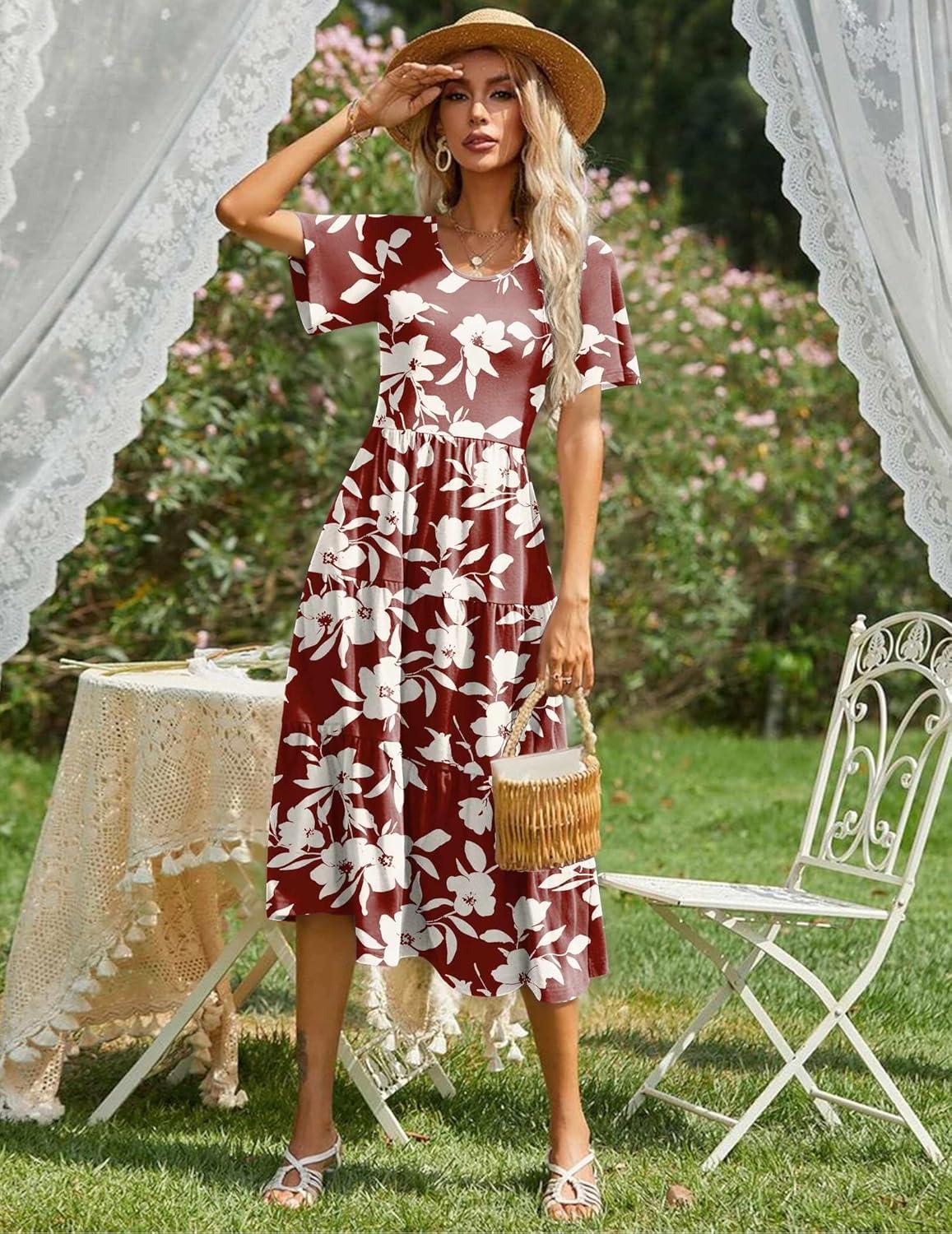 imageZeagoo Womens Summer Dress Midi Floral Flutter Short Sleeve Casual Dresses with Pockets Tiered Flowy Boho Beach DressFloral Red White