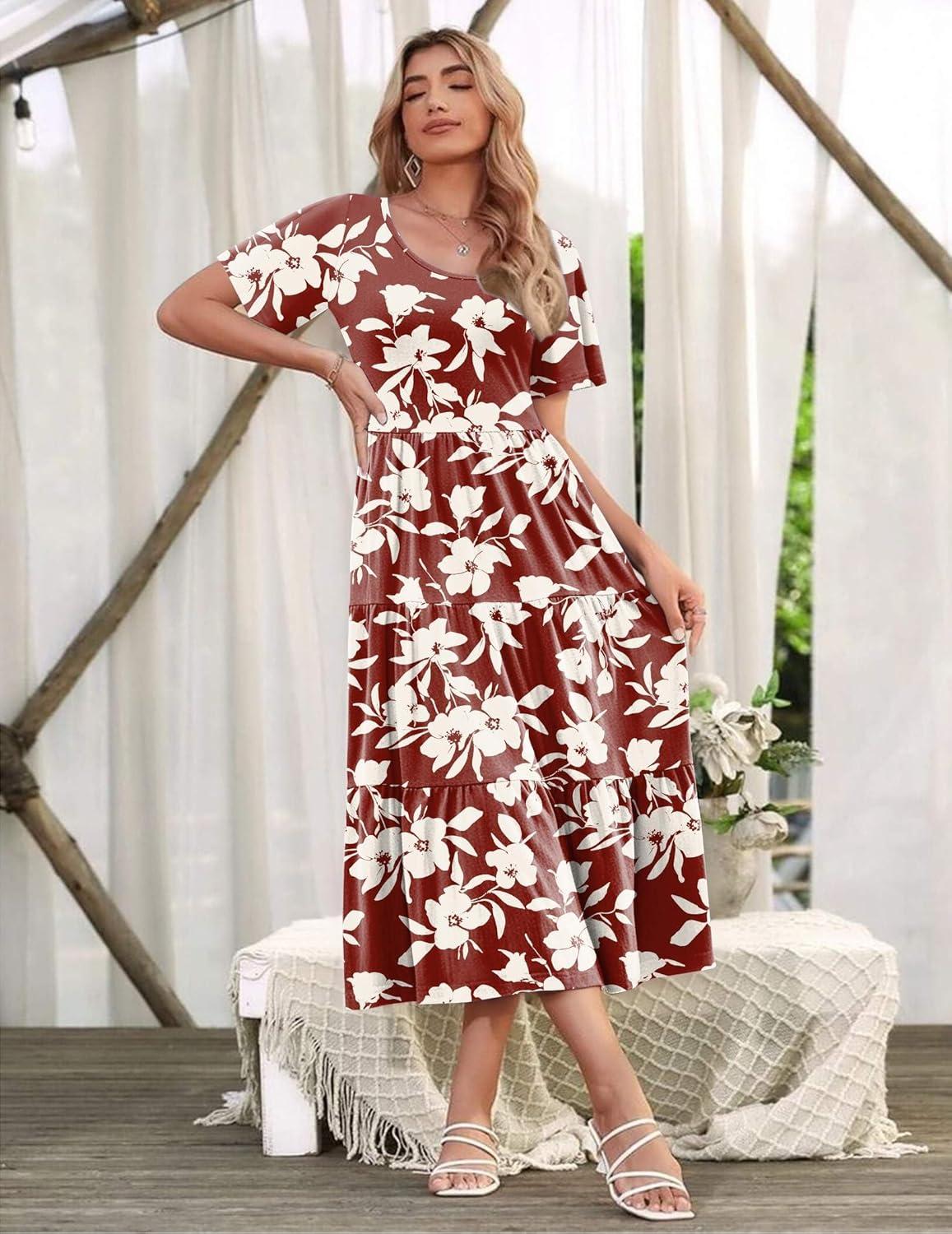 imageZeagoo Womens Summer Dress Midi Floral Flutter Short Sleeve Casual Dresses with Pockets Tiered Flowy Boho Beach DressFloral Red White