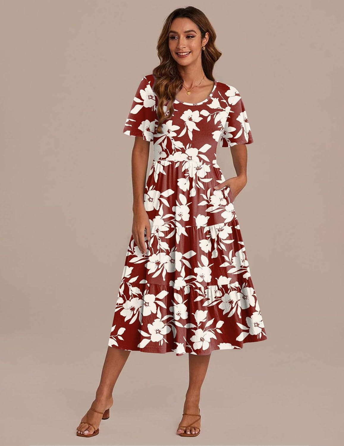 imageZeagoo Womens Summer Dress Midi Floral Flutter Short Sleeve Casual Dresses with Pockets Tiered Flowy Boho Beach DressFloral Red White