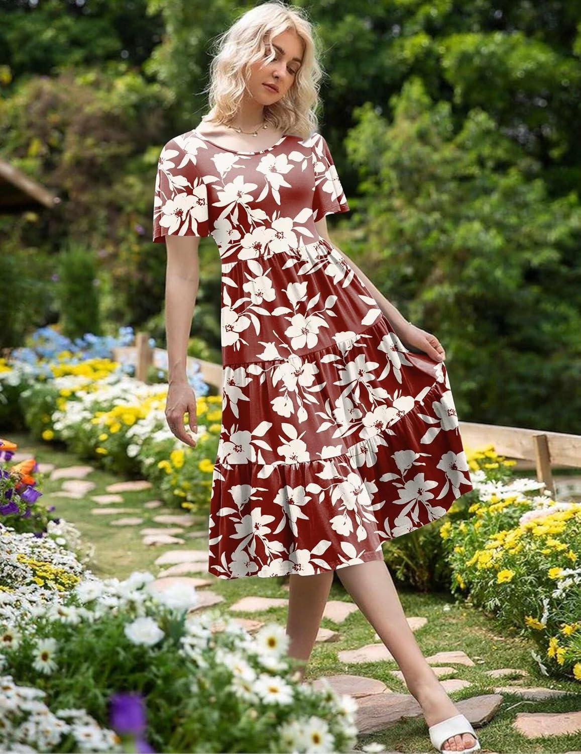 imageZeagoo Womens Summer Dress Midi Floral Flutter Short Sleeve Casual Dresses with Pockets Tiered Flowy Boho Beach DressFloral Red White